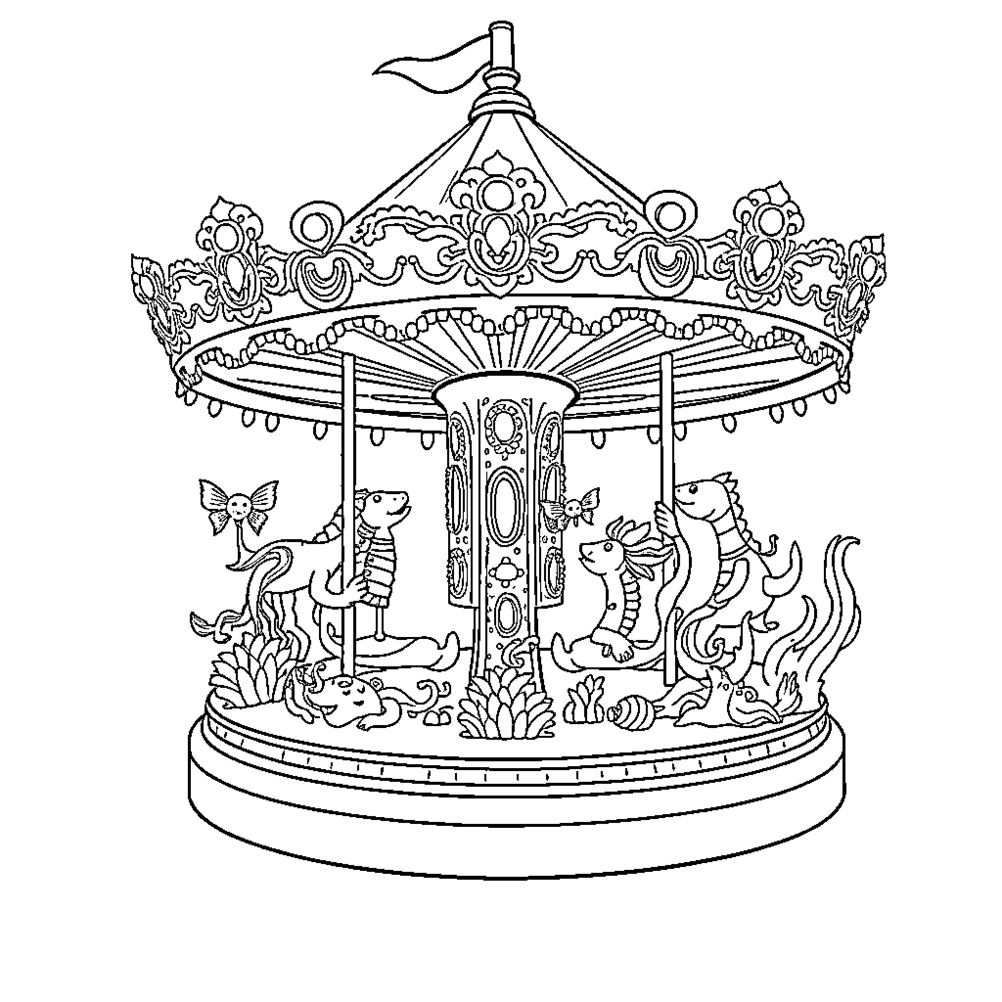 Carrousel of whimsical animal figures Coloring Page (free black-and-white line drawing printable PDF for all, from beginners to advanced learners, including children, teens, adults, and seniors)