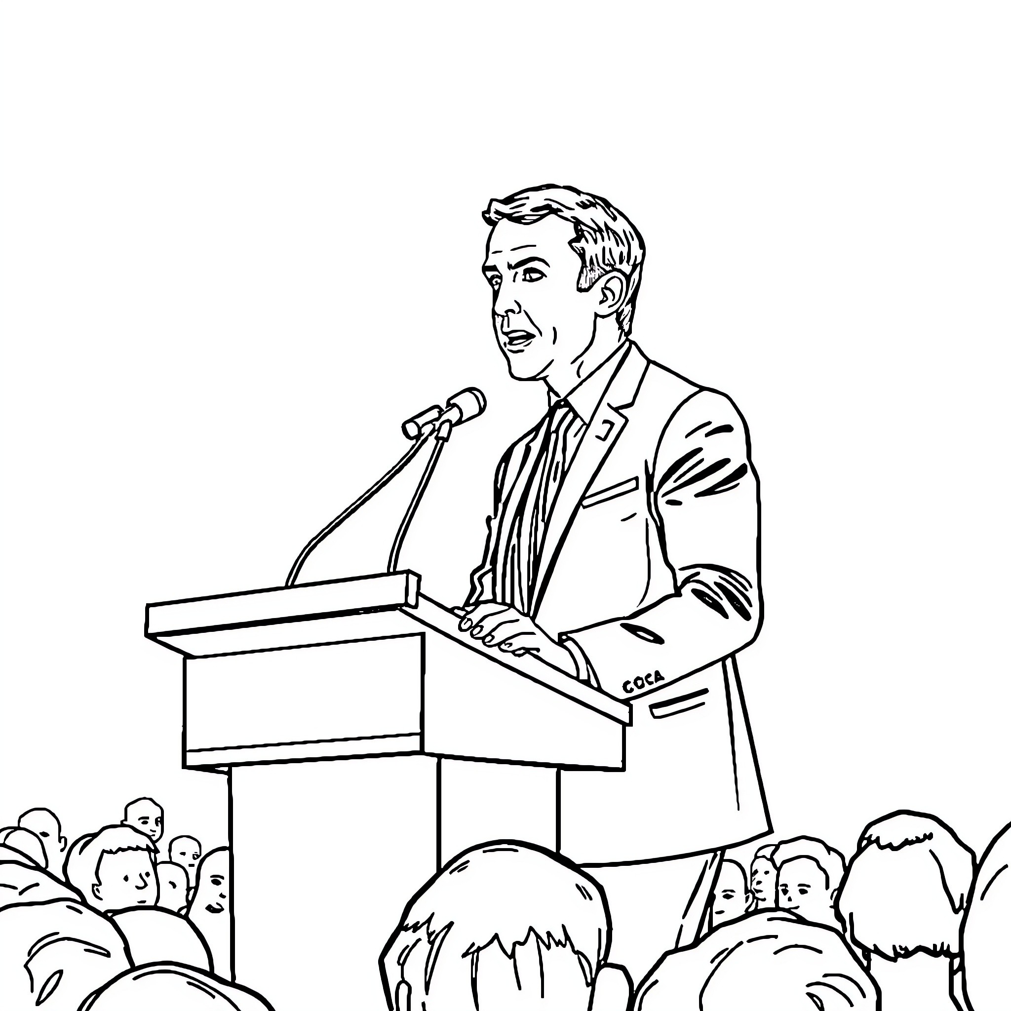 Emmanuelle Macron Addressing Audience from Podium Coloring Page (free black-and-white line drawing printable PDF for all, from beginners to advanced learners, including children, teens, adults, and seniors)