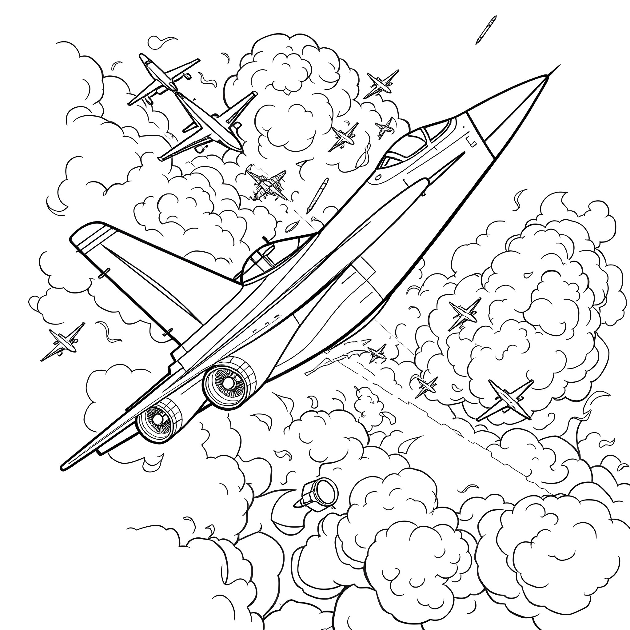Thunderbird jets soaring through cloudy skies Coloring Page (free black-and-white line drawing printable PDF for all, from beginners to advanced learners, including children, teens, adults, and seniors)
