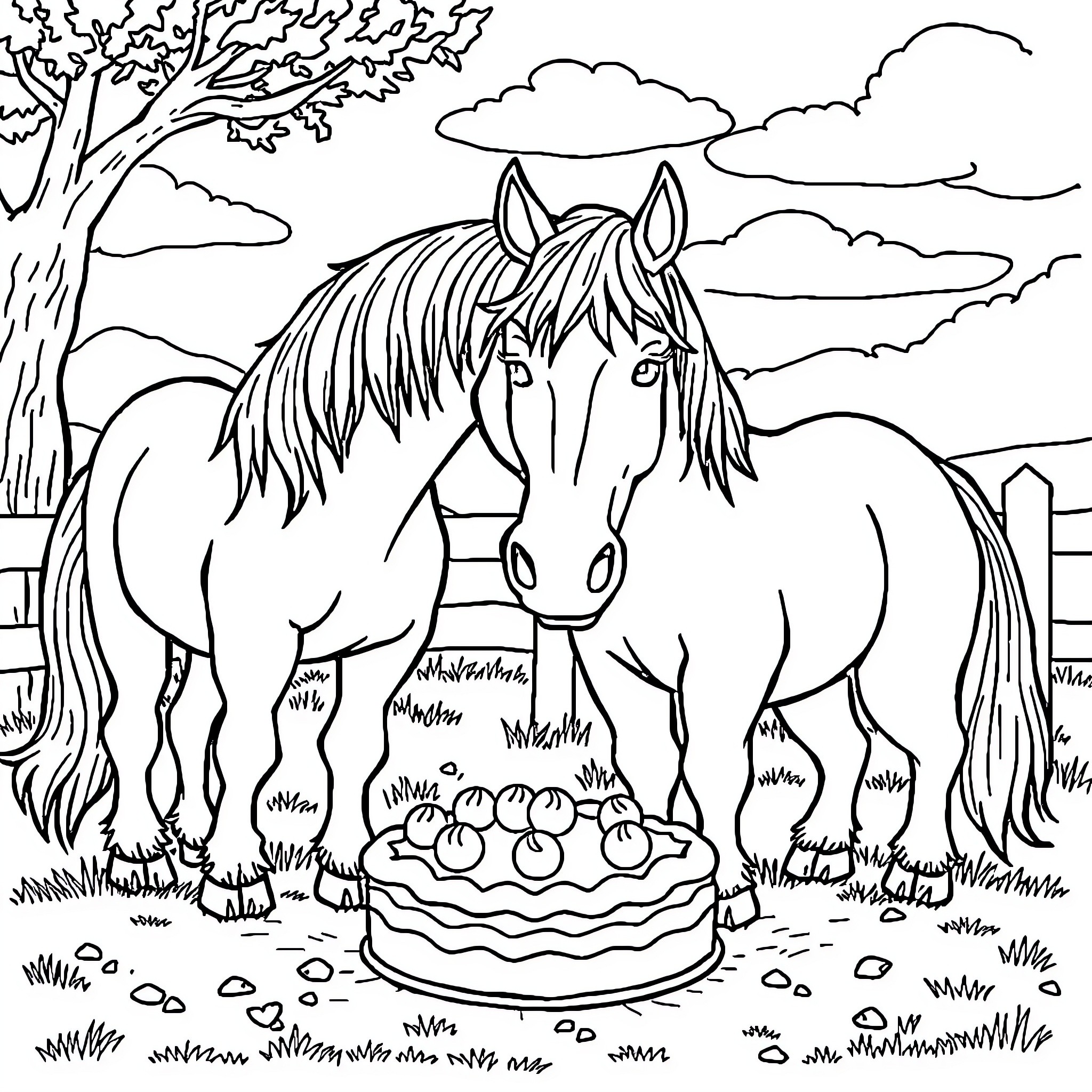 Horse Enjoying a Cake Outdoors Coloring Page (free black-and-white line drawing printable PDF for all, from beginners to advanced learners, including children, teens, adults, and seniors)