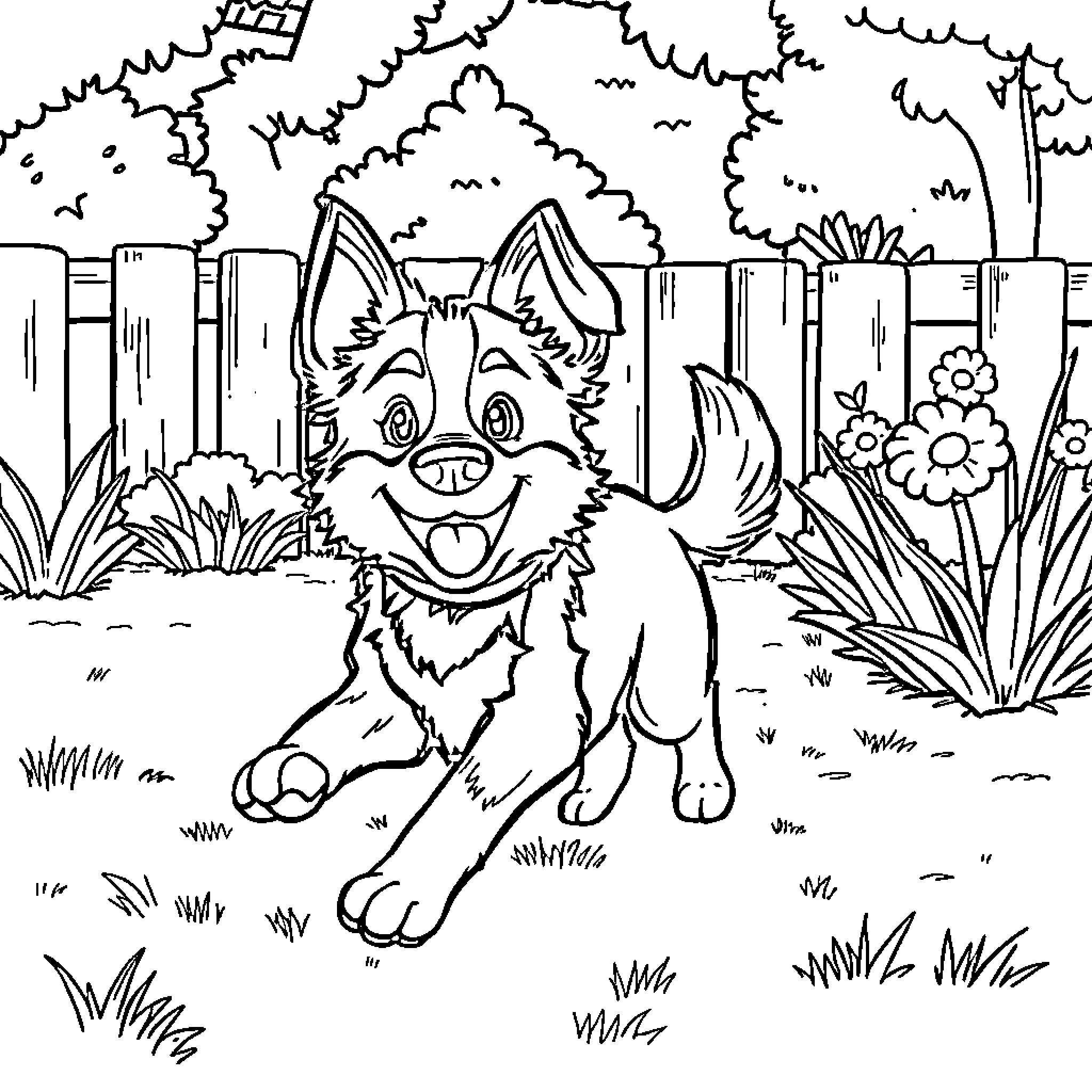 Bluey playing happily in a lush garden Coloring Page (free black-and-white line drawing printable PDF for all, from beginners to advanced learners, including children, teens, adults, and seniors)