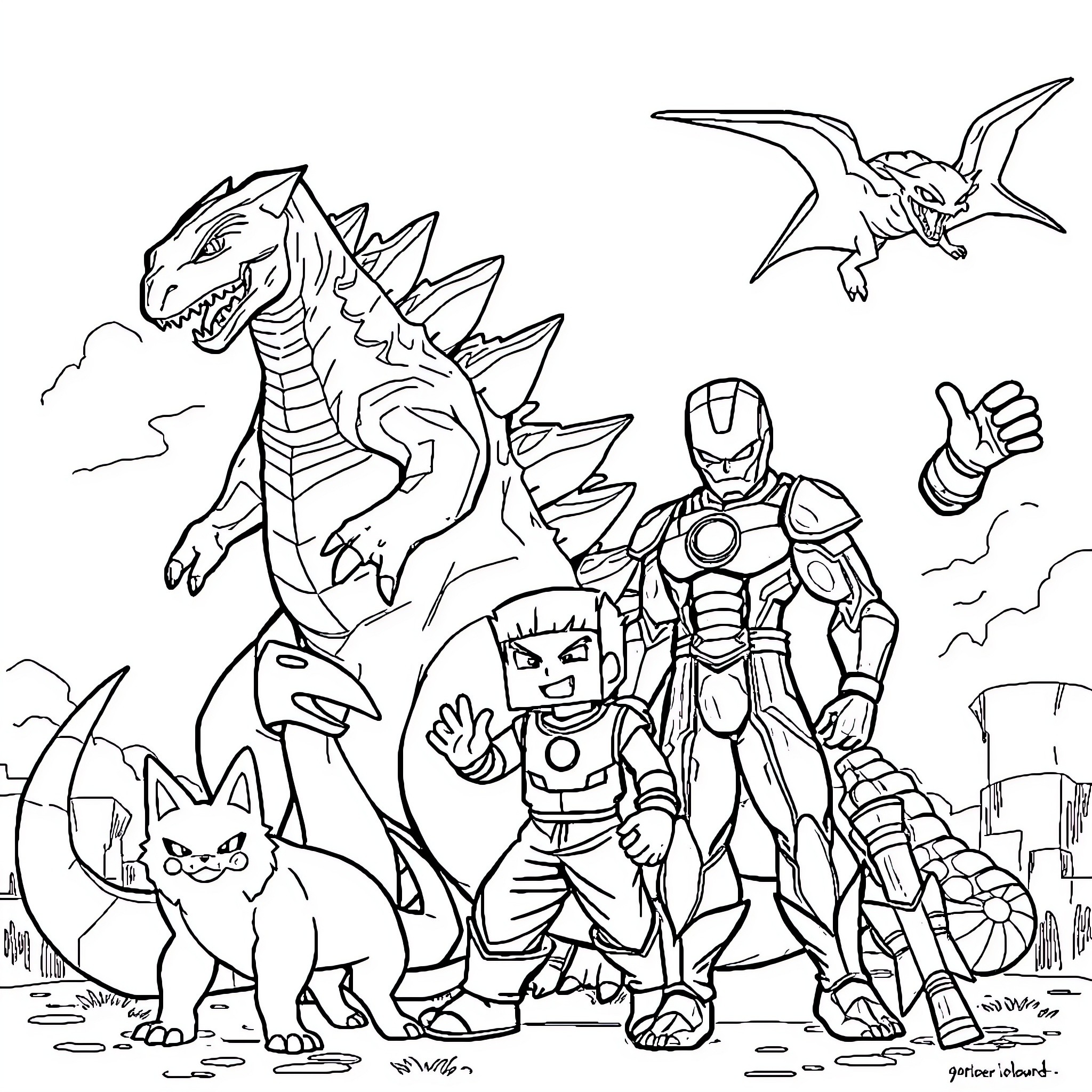 Godzilla battling giant mechanical hero with Pokemon-like creatures Coloring Page (free black-and-white line drawing printable PDF for all, from beginners to advanced learners, including children, teens, adults, and seniors)