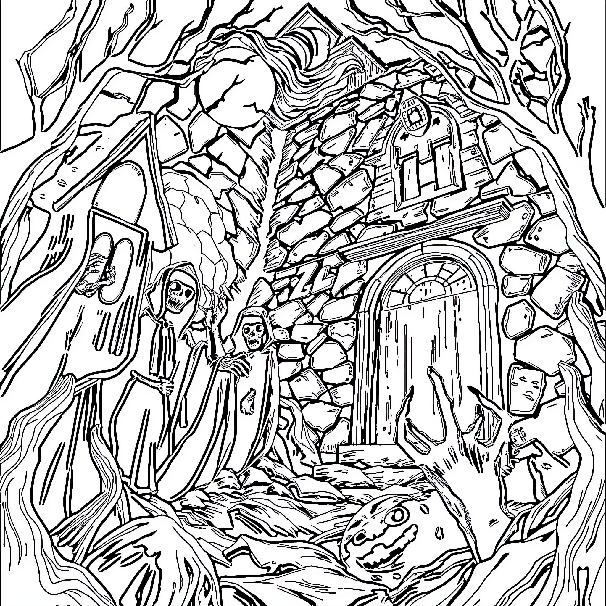 Horror Fantasy Scene with Mysterious Figures Coloring Page (free black-and-white line drawing printable PDF for all, from beginners to advanced learners, including children, teens, adults, and seniors)