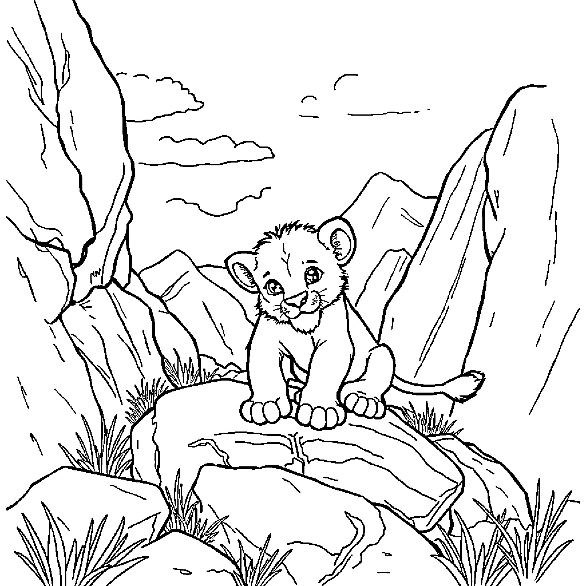 Lion cub exploring rugged mountain landscape Coloring Page (free black-and-white line drawing printable PDF for all, from beginners to advanced learners, including children, teens, adults, and seniors)