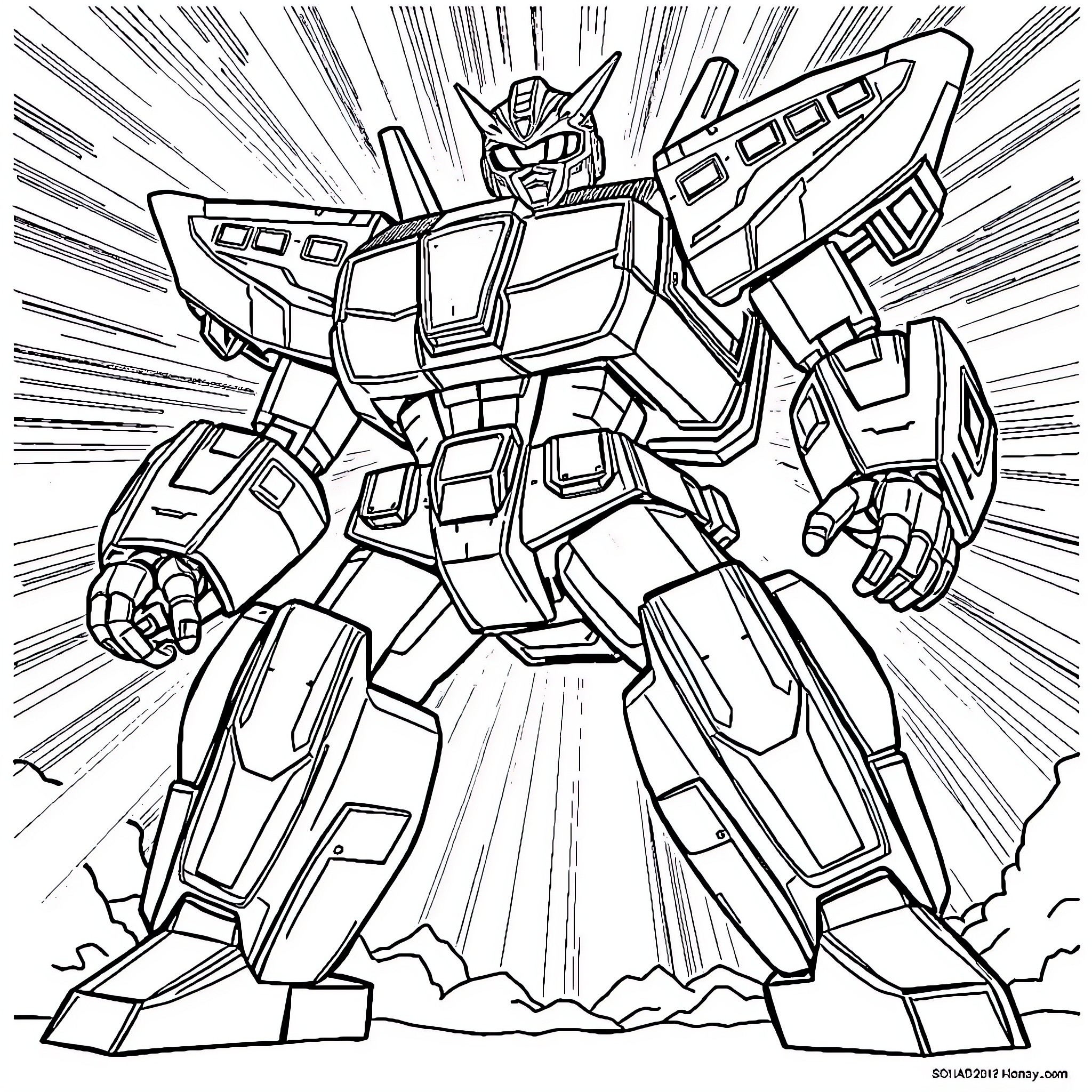 Power Ranger Giant Mech Unleashing Powerful Attack Coloring Page (free black-and-white line drawing printable PDF for all, from beginners to advanced learners, including children, teens, adults, and seniors)