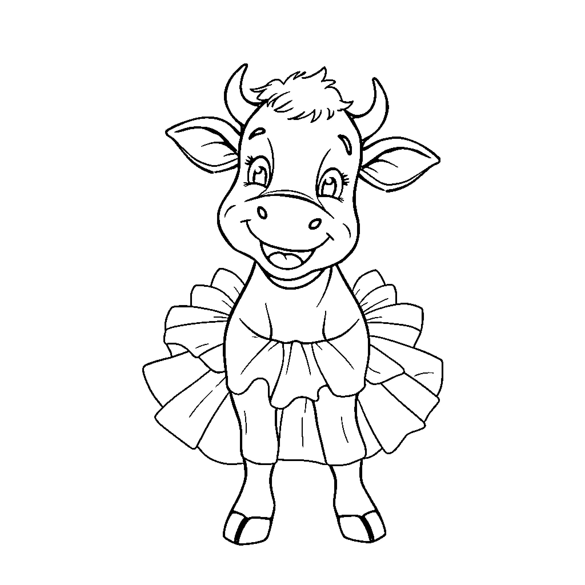 Mamma Mu in cheerful dance outfit Coloring Page (free black-and-white line drawing printable PDF for all, from beginners to advanced learners, including children, teens, adults, and seniors)