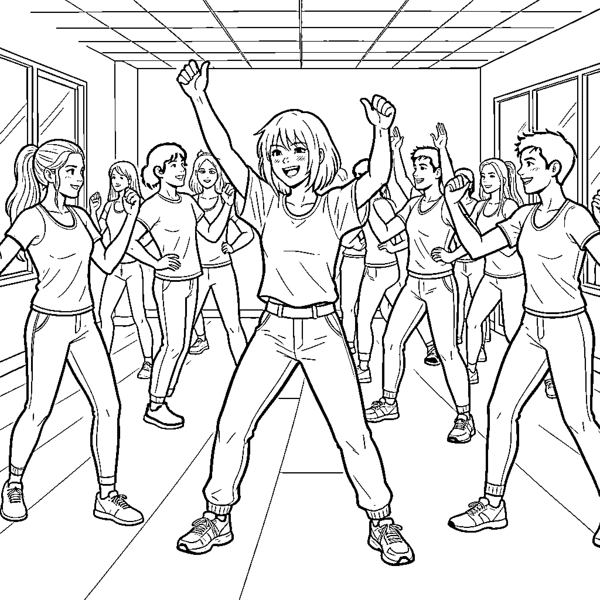 Mikasa Ackerman leading a group fitness dance class Coloring Page (free black-and-white line drawing printable PDF for all, from beginners to advanced learners, including children, teens, adults, and seniors)
