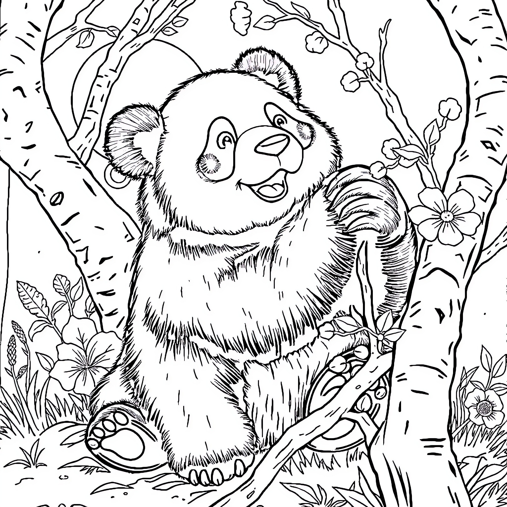Urs Panda enjoying the spring blossoms Coloring Page (free black-and-white line drawing printable PDF for all, from beginners to advanced learners, including children, teens, adults, and seniors)