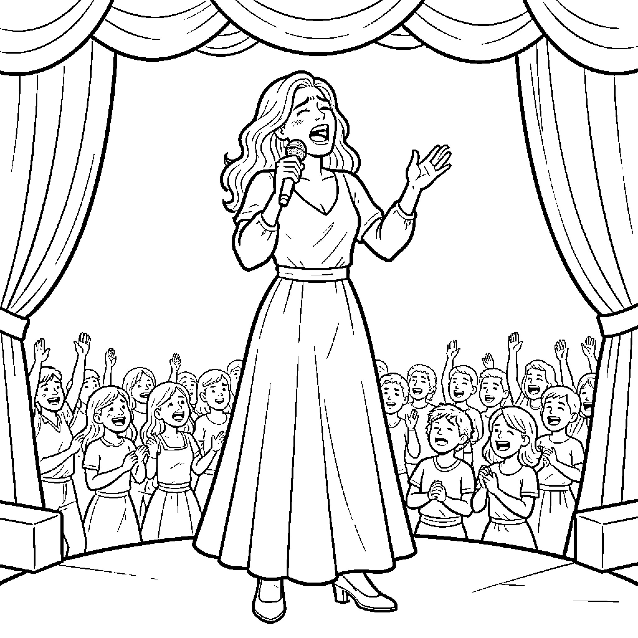 Pastora Soler performing on stage with audience Coloring Page (free black-and-white line drawing printable PDF for all, from beginners to advanced learners, including children, teens, adults, and seniors)