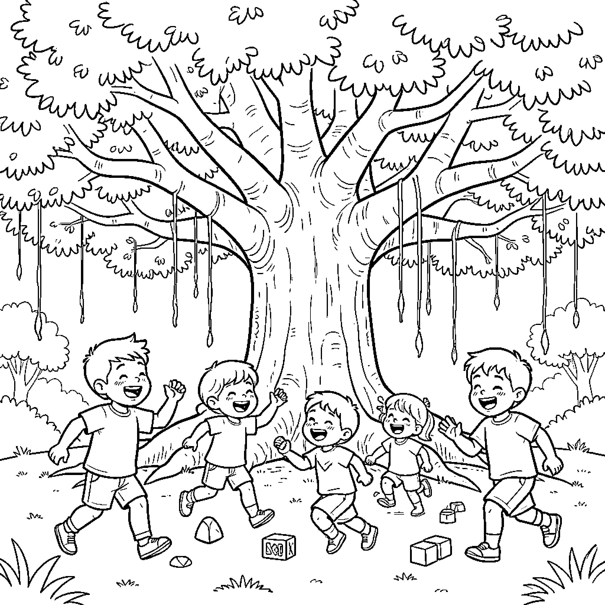 Child playing and running joyfully near a large tree Coloring Page (free black-and-white line drawing printable PDF for all, from beginners to advanced learners, including children, teens, adults, and seniors)