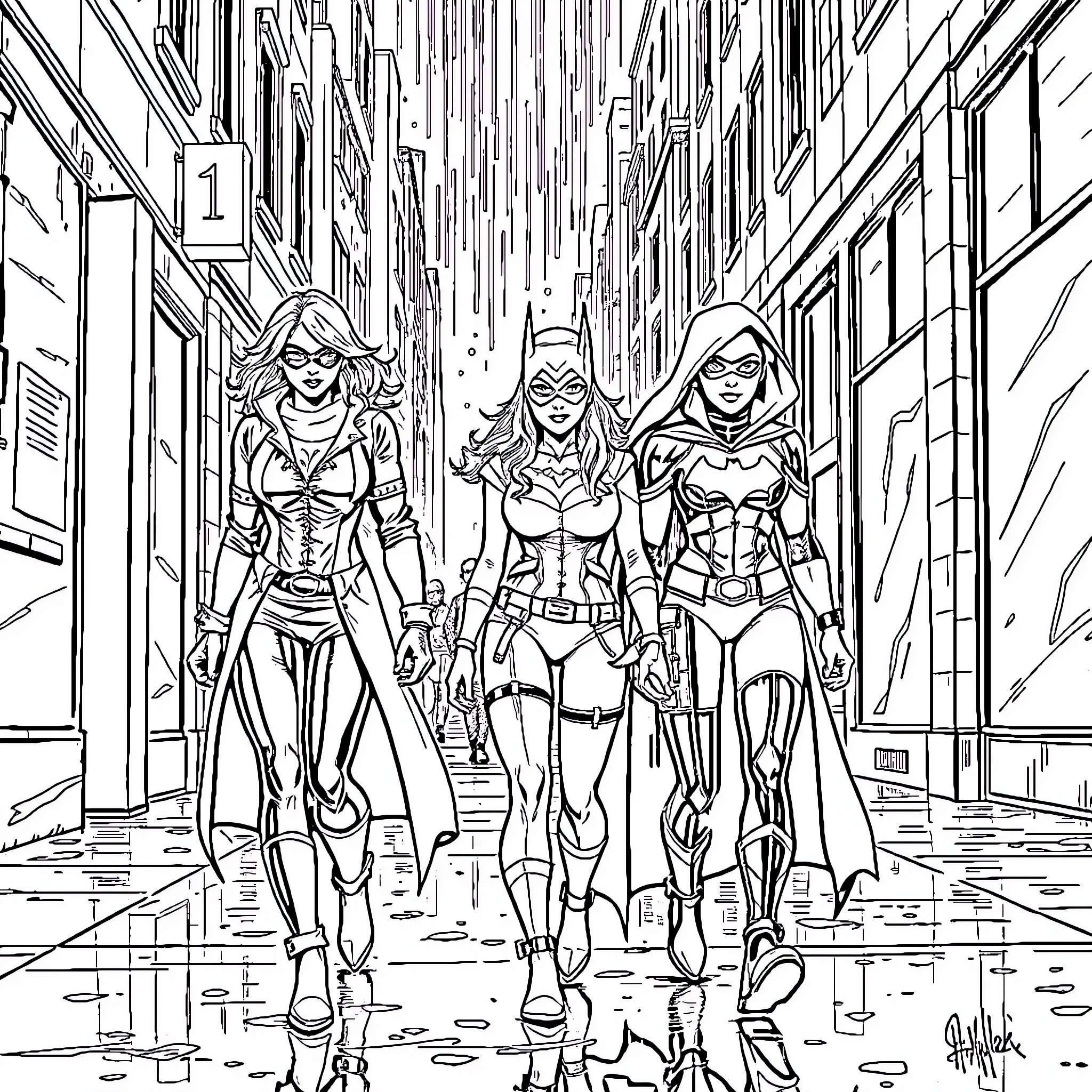 Batwoman and her allies on a covert mission Coloring Page (free black-and-white line drawing printable PDF for all, from beginners to advanced learners, including children, teens, adults, and seniors)