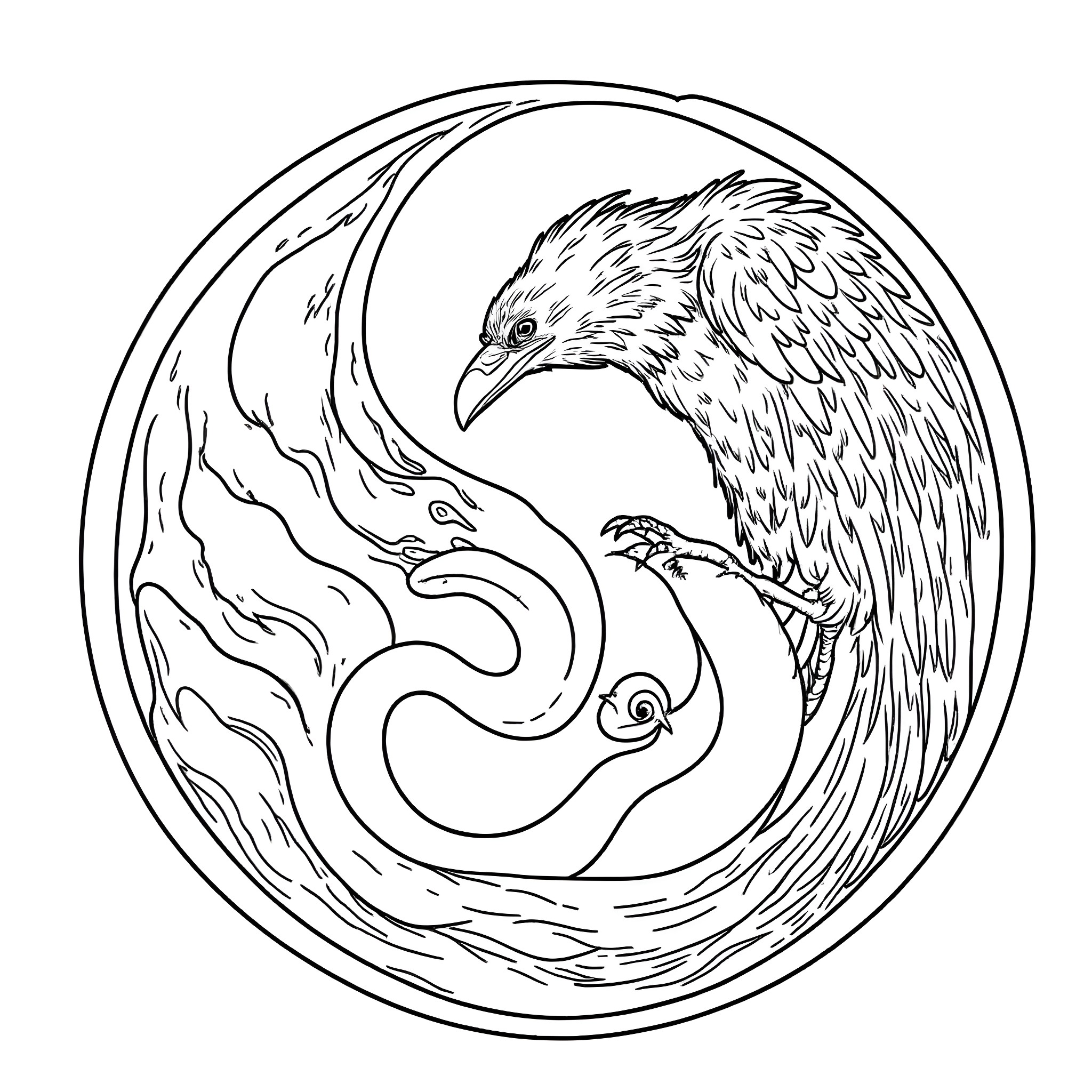Yin Yang Symbol with Mythical Creatures Coloring Page (free black-and-white line drawing printable PDF for all, from beginners to advanced learners, including children, teens, adults, and seniors)