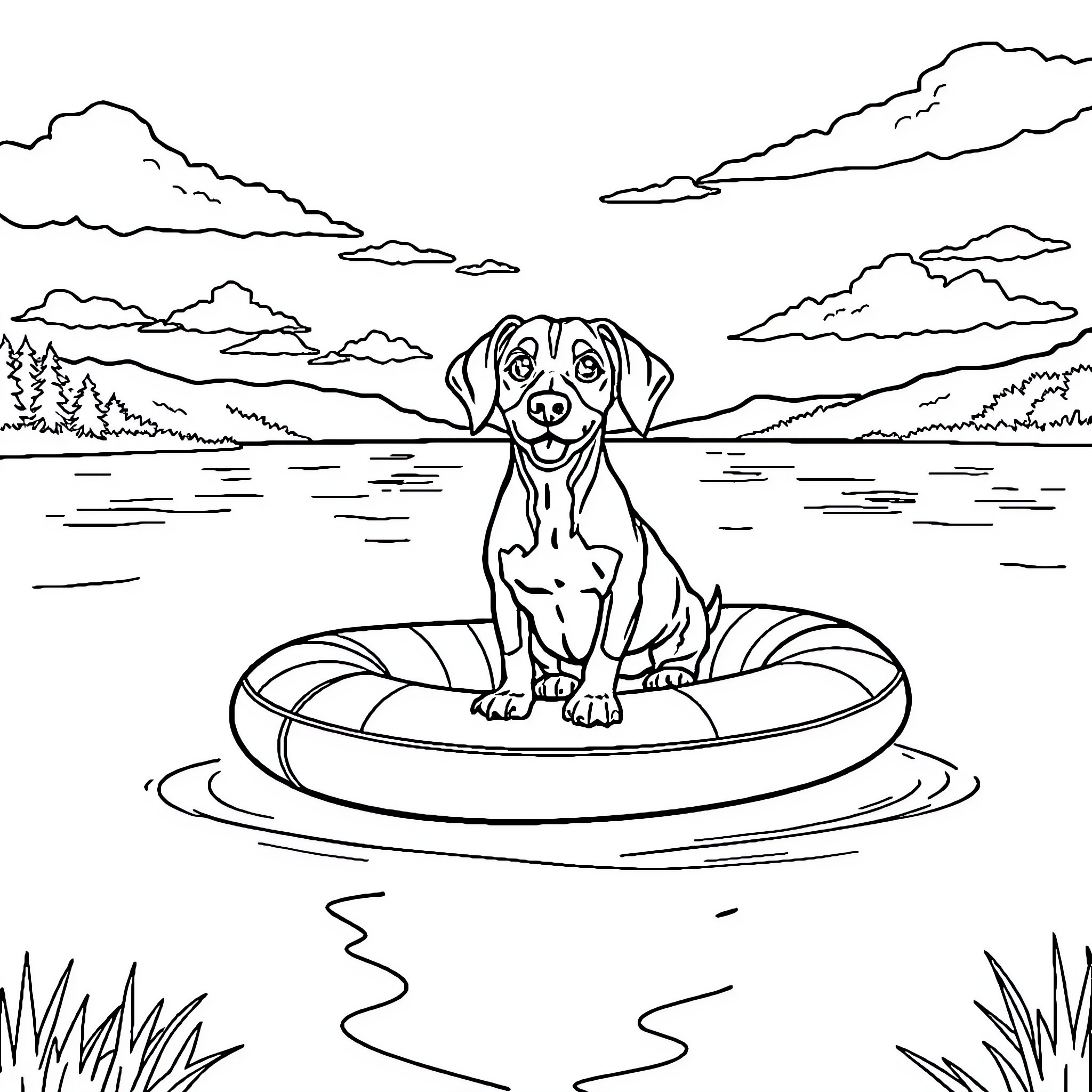 Weiner Dog floating on a raft in the lake Coloring Page (free black-and-white line drawing printable PDF for all, from beginners to advanced learners, including children, teens, adults, and seniors)