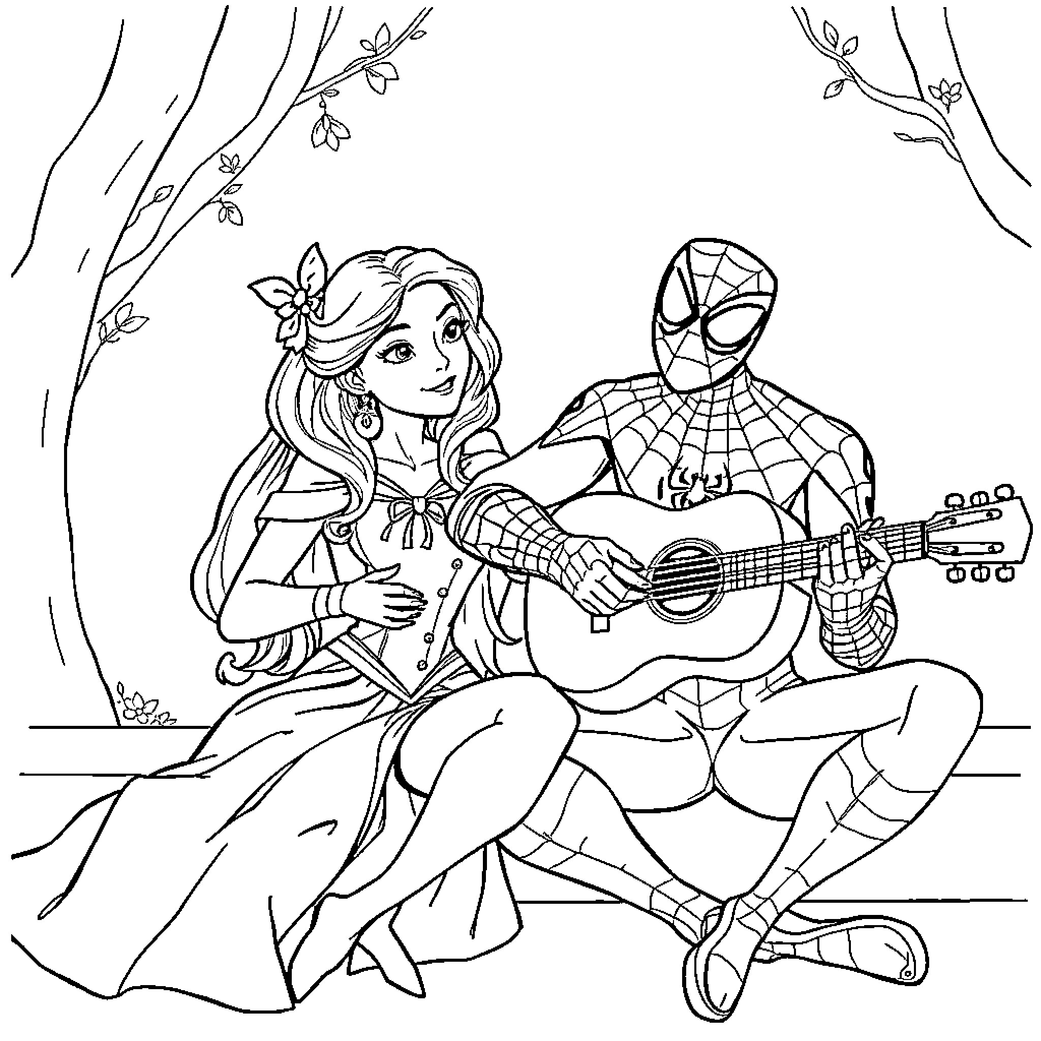 Spiderman and princess with guitar in nature Coloring Page (free black-and-white line drawing printable PDF for all, from beginners to advanced learners, including children, teens, adults, and seniors)