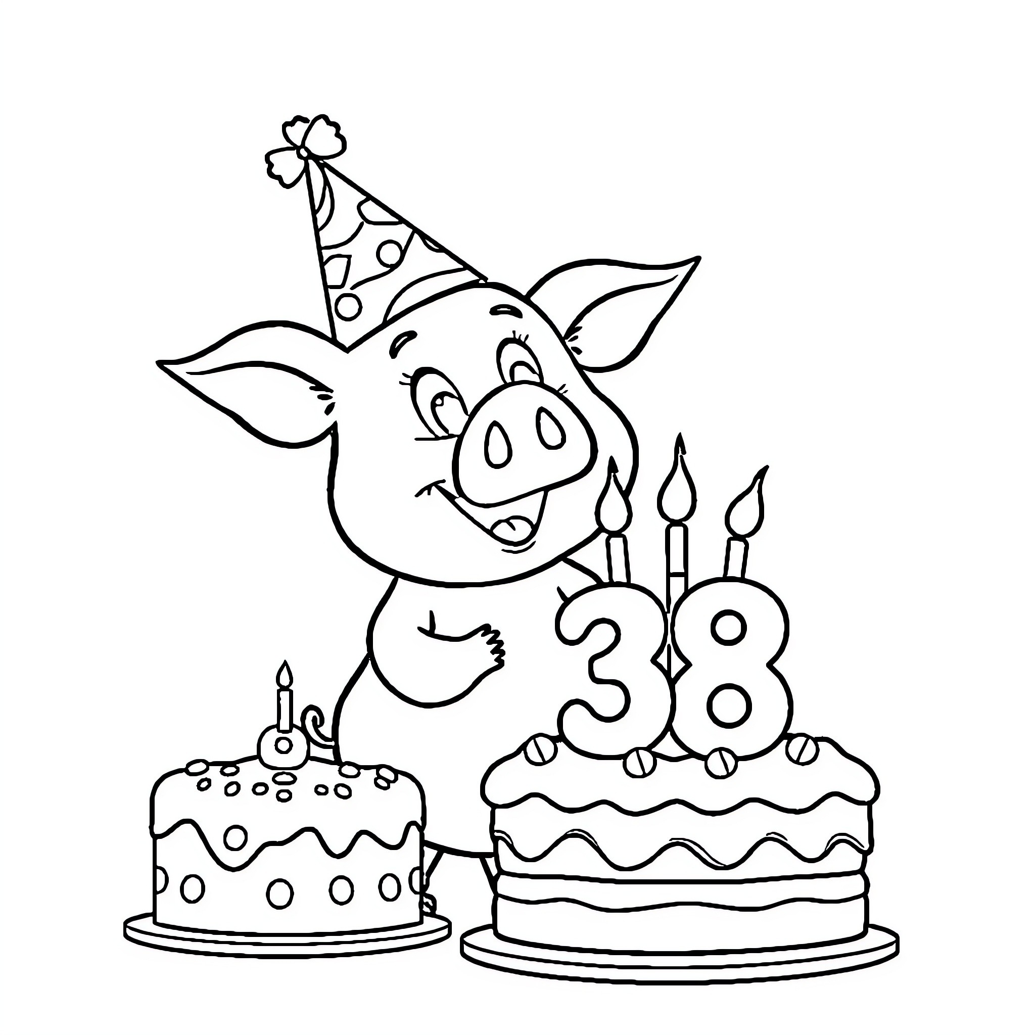 Pig celebrating with birthday cake and party hat Coloring Page (free black-and-white line drawing printable PDF for all, from beginners to advanced learners, including children, teens, adults, and seniors)