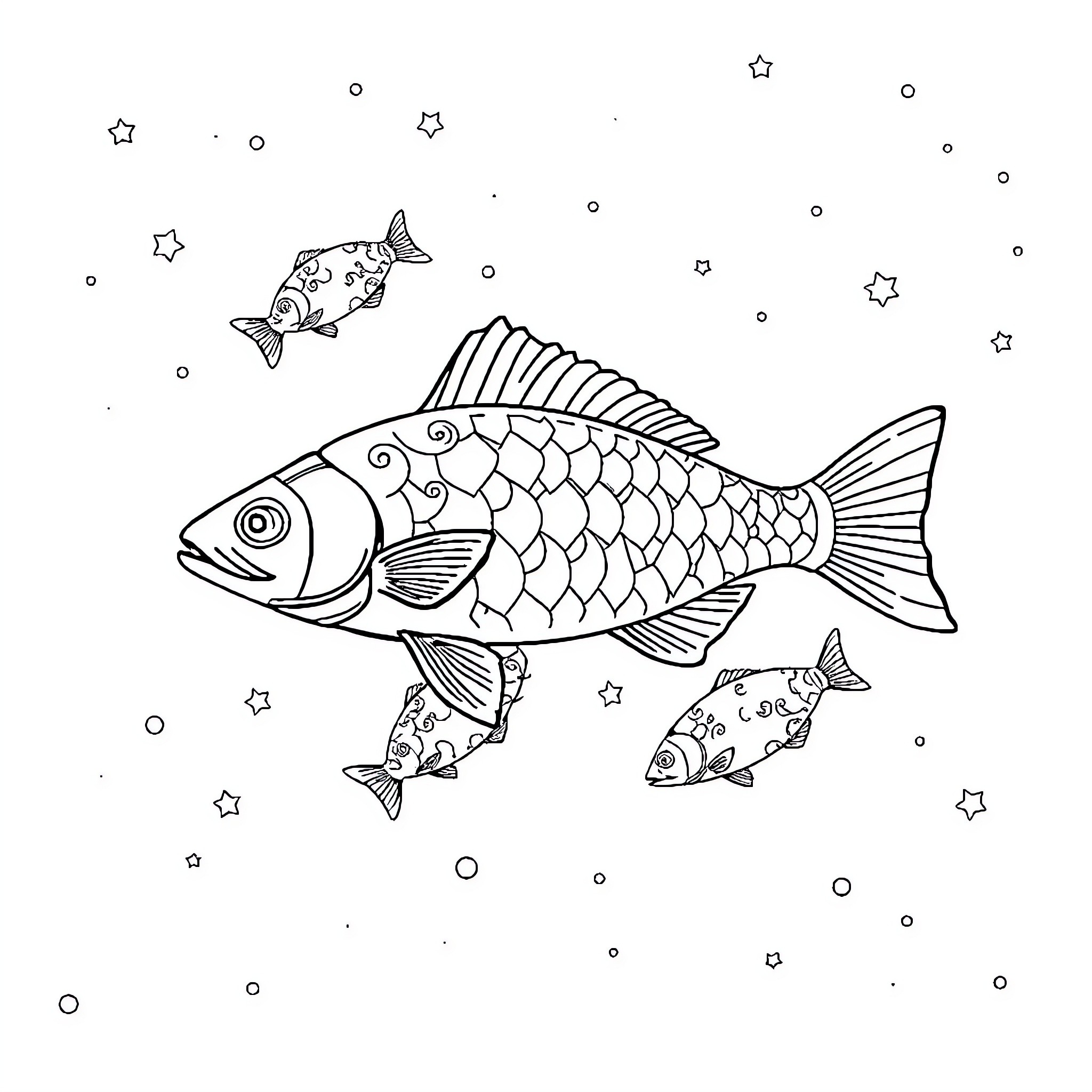 Pisces swimming among the stars Coloring Page (free black-and-white line drawing printable PDF for all, from beginners to advanced learners, including children, teens, adults, and seniors)