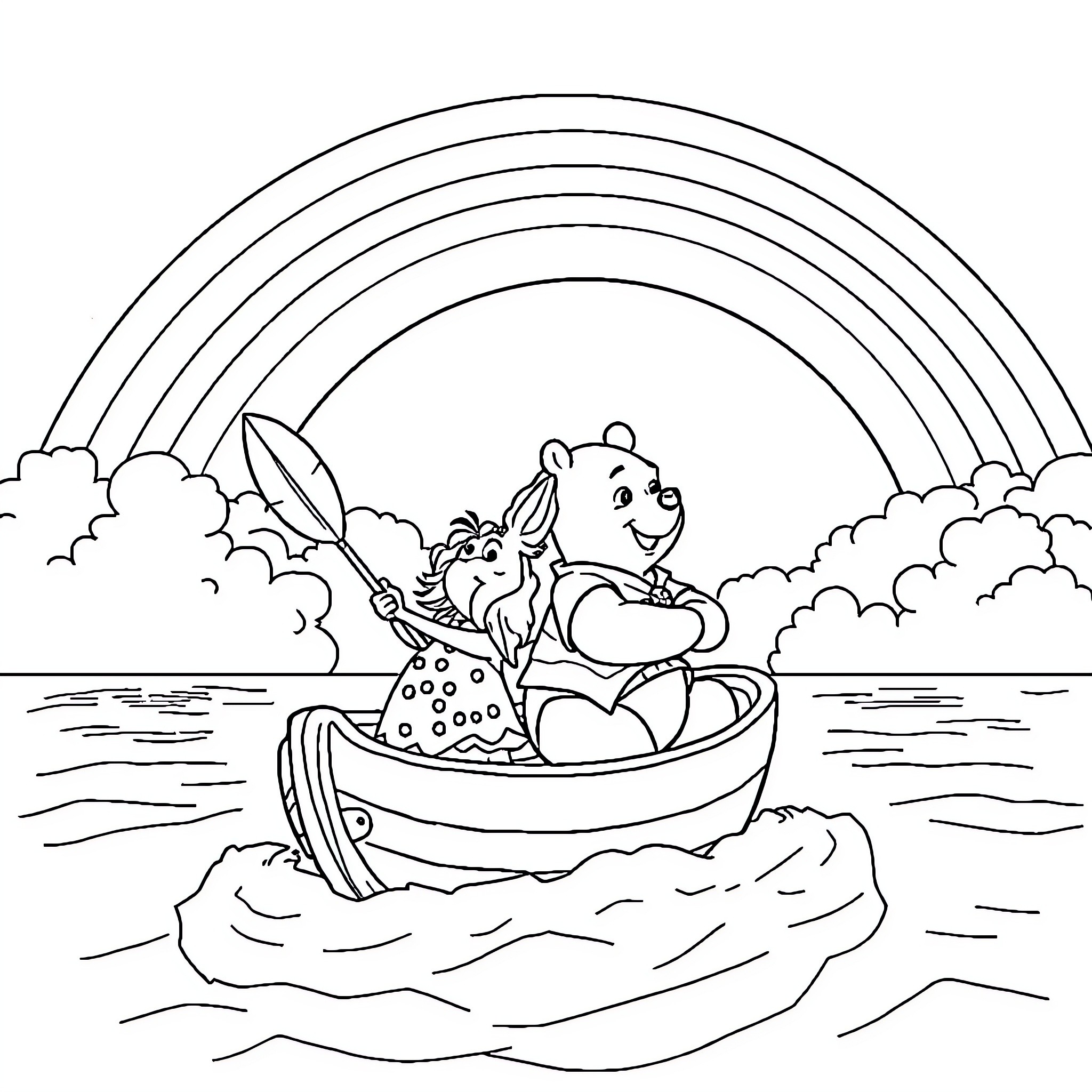 Moana and Pua sailing on the ocean under a rainbow Coloring Page (free black-and-white line drawing printable PDF for all, from beginners to advanced learners, including children, teens, adults, and seniors)