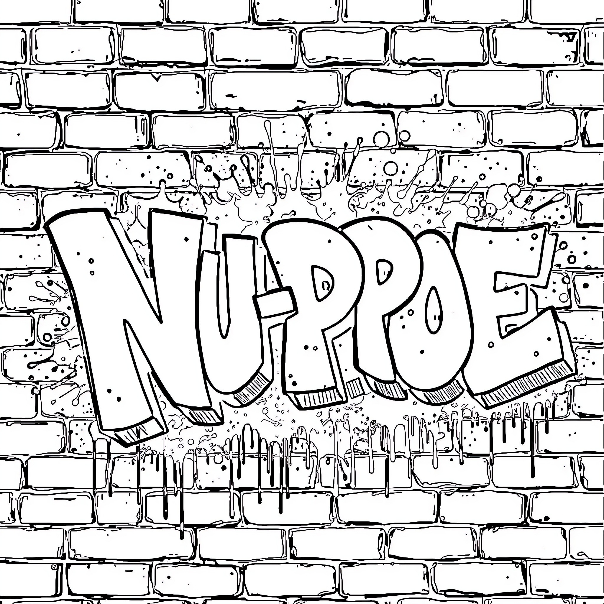 Graffiti of the word 'Nupple' on a brick wall Coloring Page (free black-and-white line drawing printable PDF for all, from beginners to advanced learners, including children, teens, adults, and seniors)