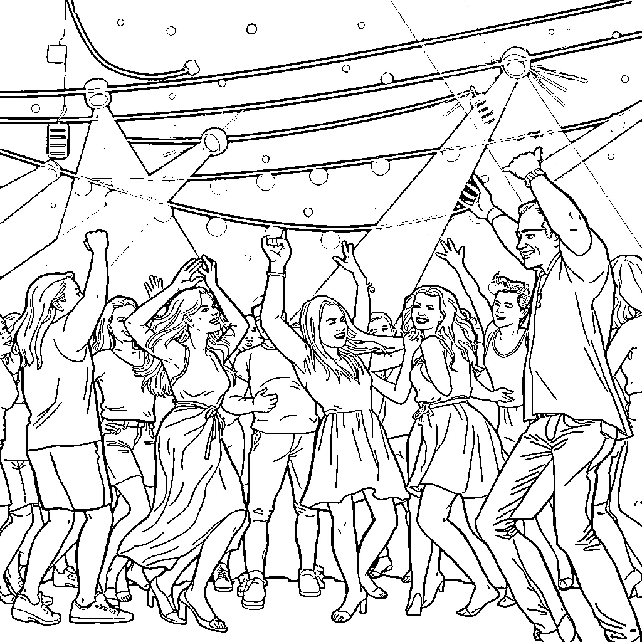 Person dancing joyfully at a party Coloring Page (free black-and-white line drawing printable PDF for all, from beginners to advanced learners, including children, teens, adults, and seniors)
