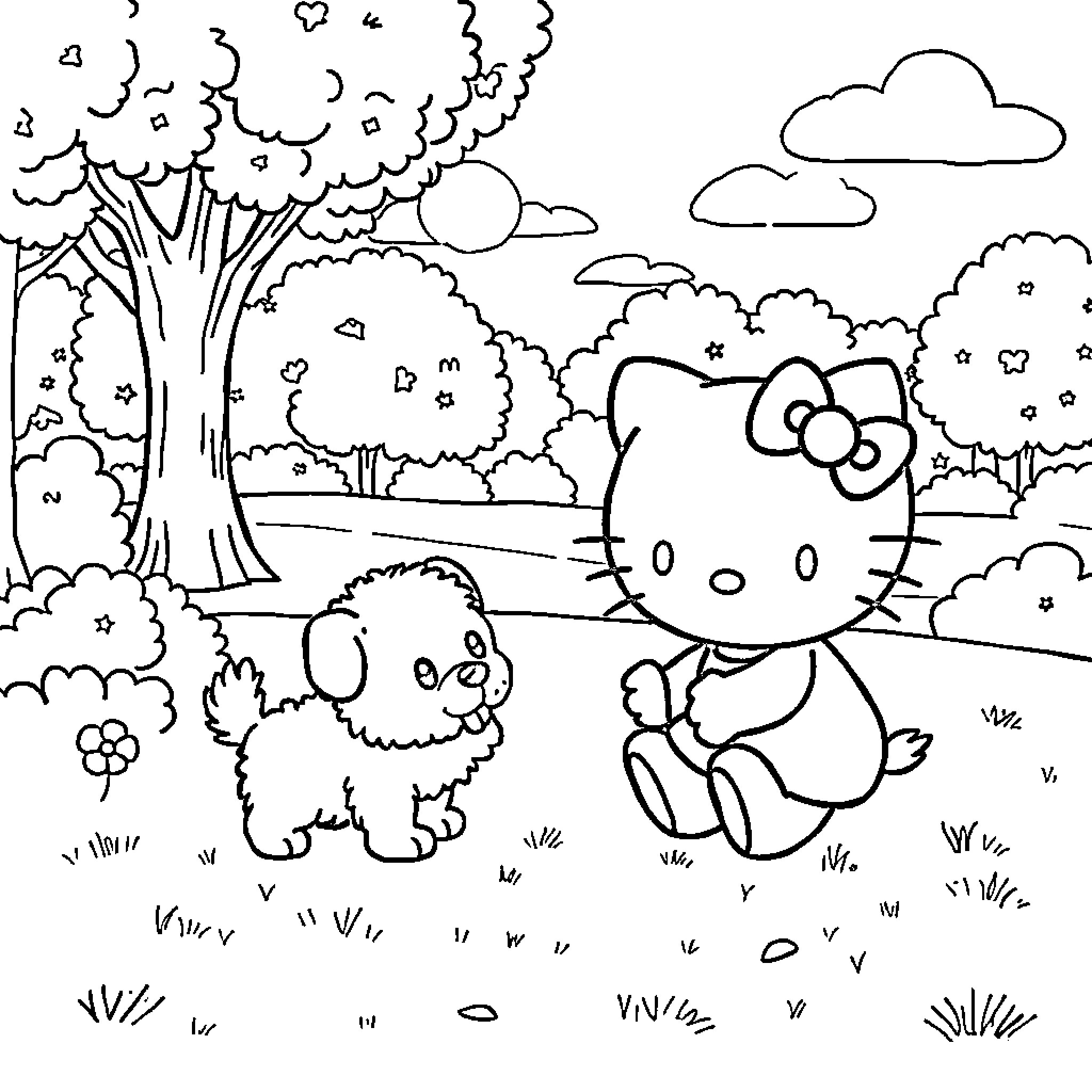 Hello Kitty playing with puppy in nature Coloring Page (free black-and-white line drawing printable PDF for all, from beginners to advanced learners, including children, teens, adults, and seniors)