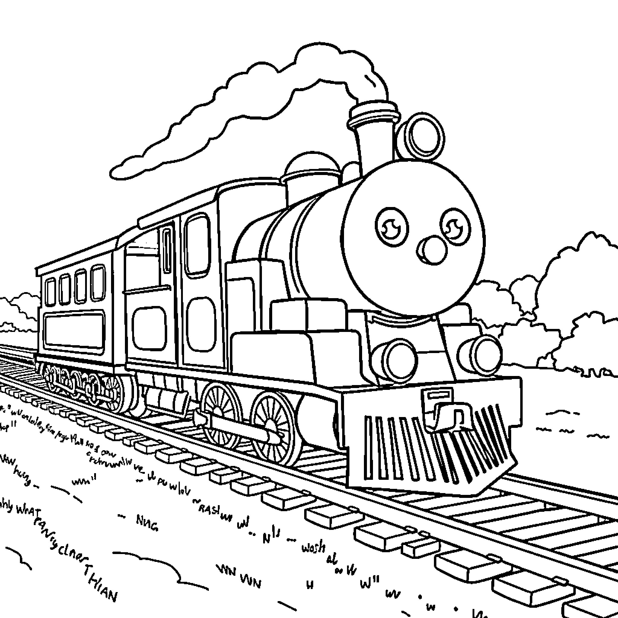 Train speeding through the countryside Coloring Page (free black-and-white line drawing printable PDF for all, from beginners to advanced learners, including children, teens, adults, and seniors)