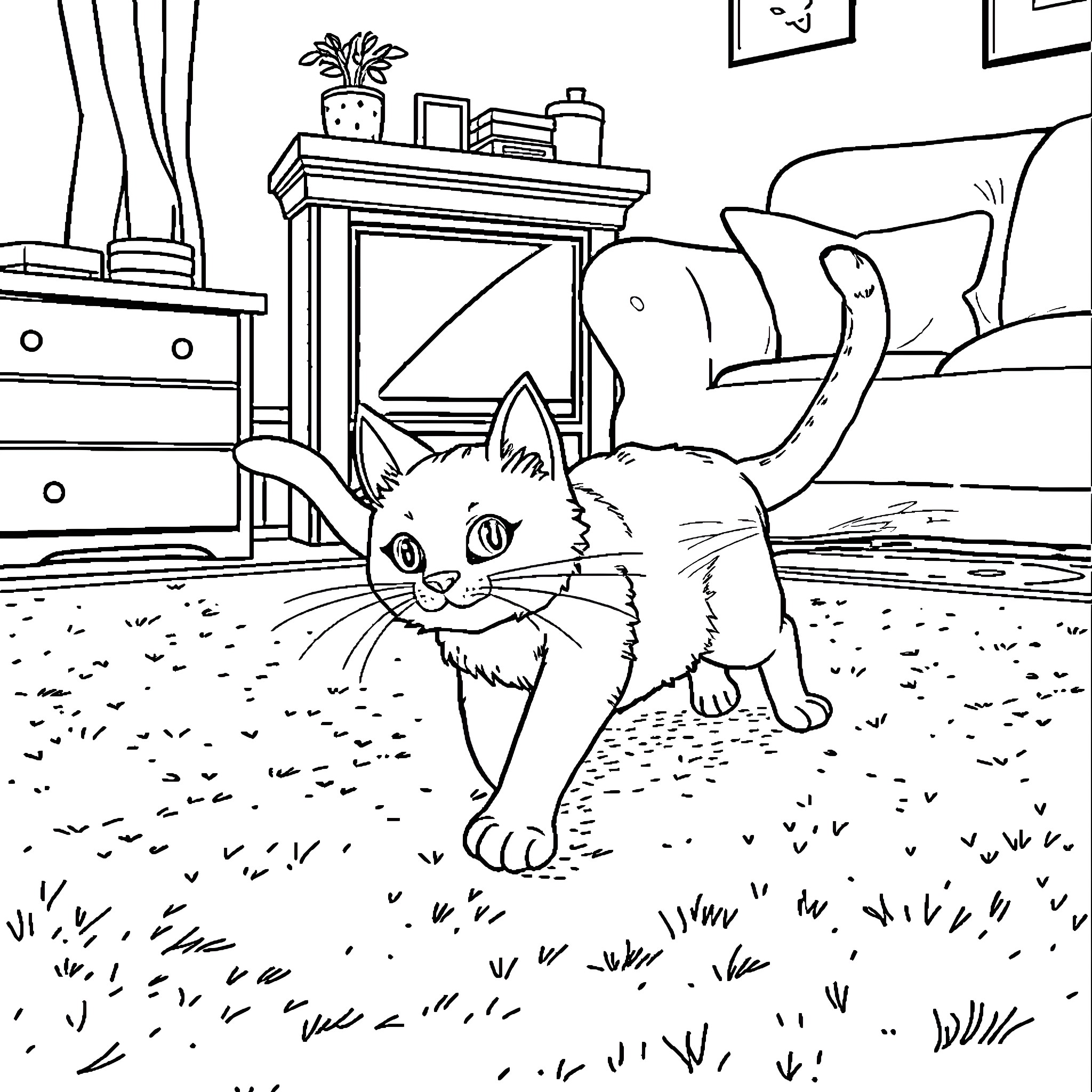 Cat exploring cozy indoor scene Coloring Page (free black-and-white line drawing printable PDF for all, from beginners to advanced learners, including children, teens, adults, and seniors)
