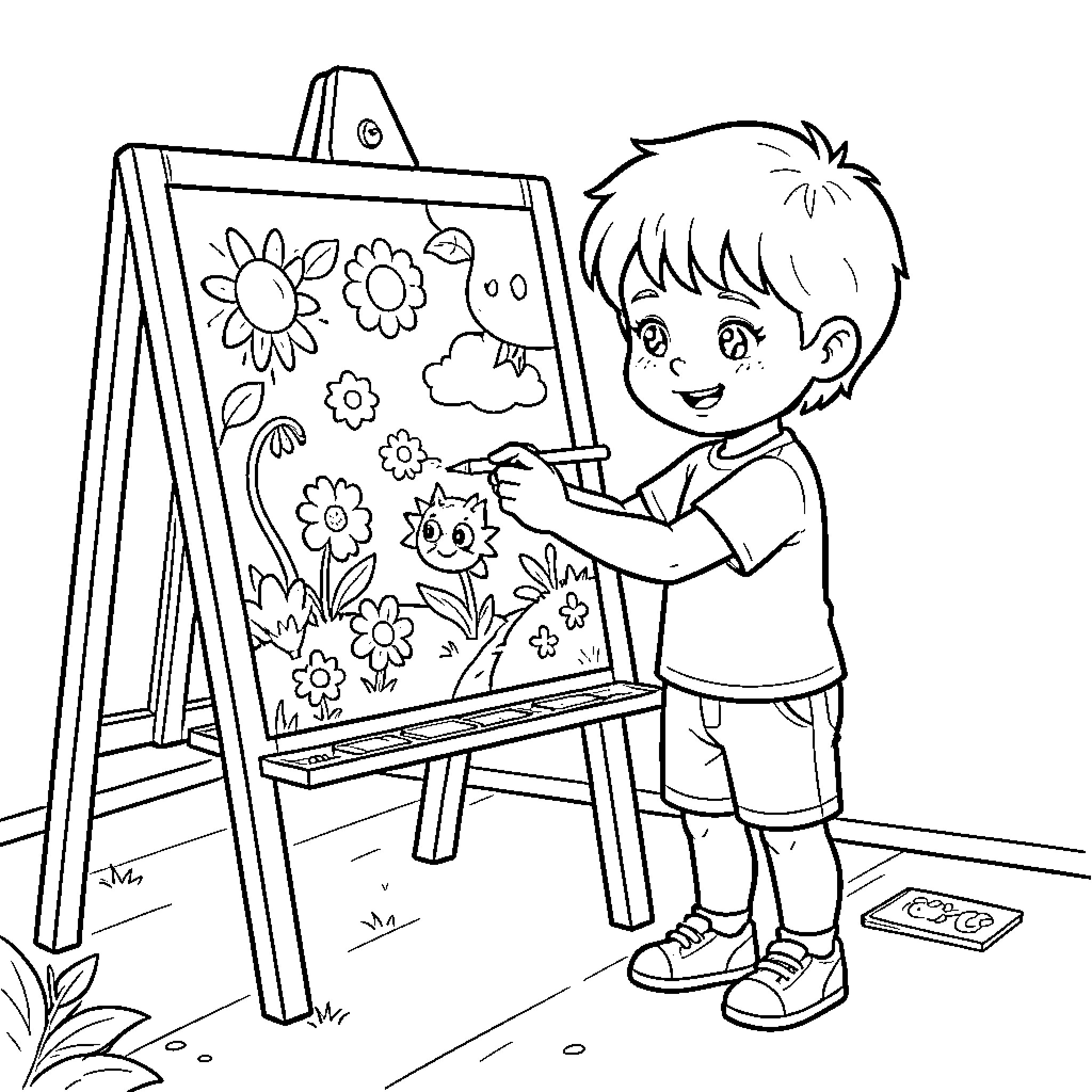 Kid drawing flowers on an easel Coloring Page (free black-and-white line drawing printable PDF for all, from beginners to advanced learners, including children, teens, adults, and seniors)