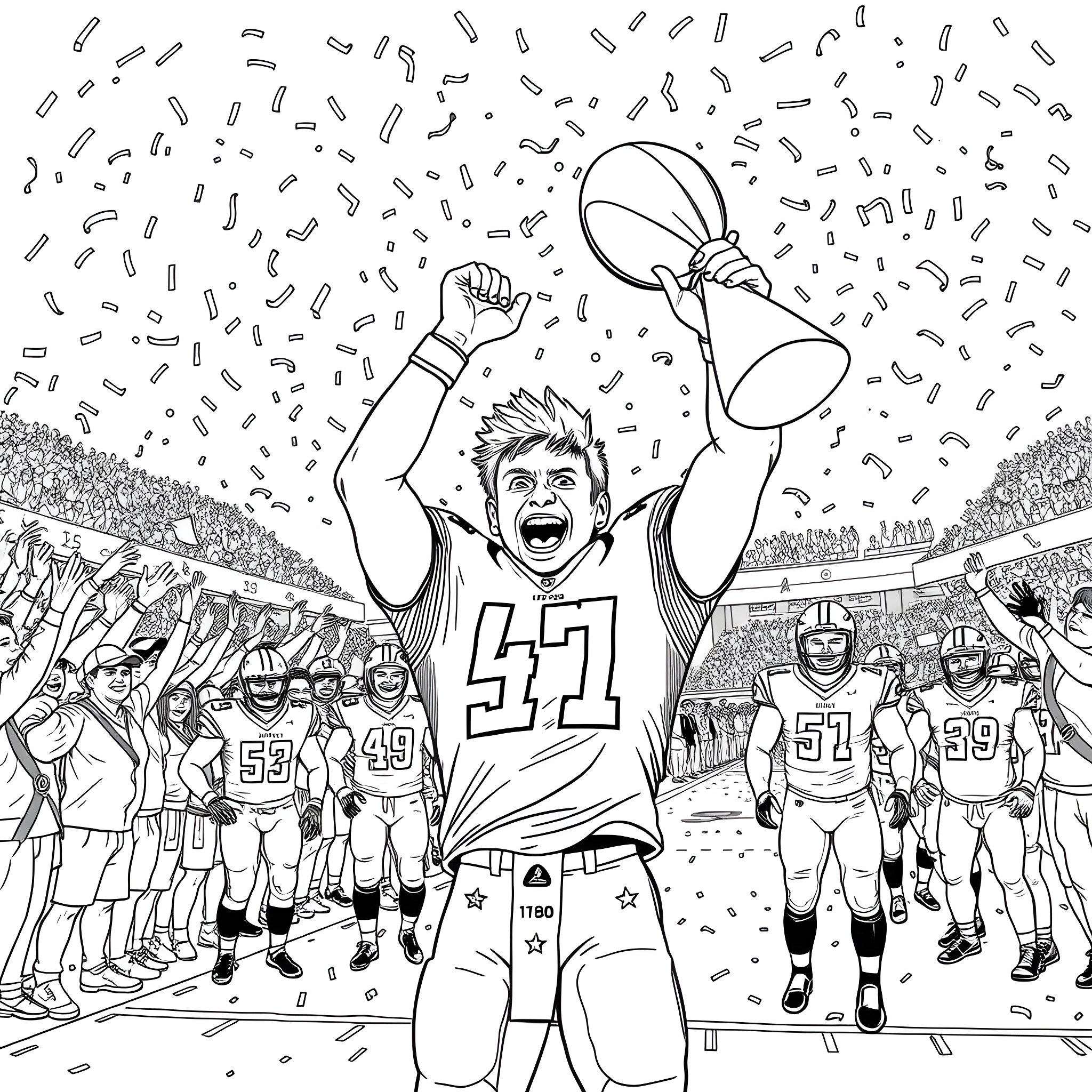 Josh Allen Celebrating Football Victory with Team Coloring Page (free black-and-white line drawing printable PDF for all, from beginners to advanced learners, including children, teens, adults, and seniors)