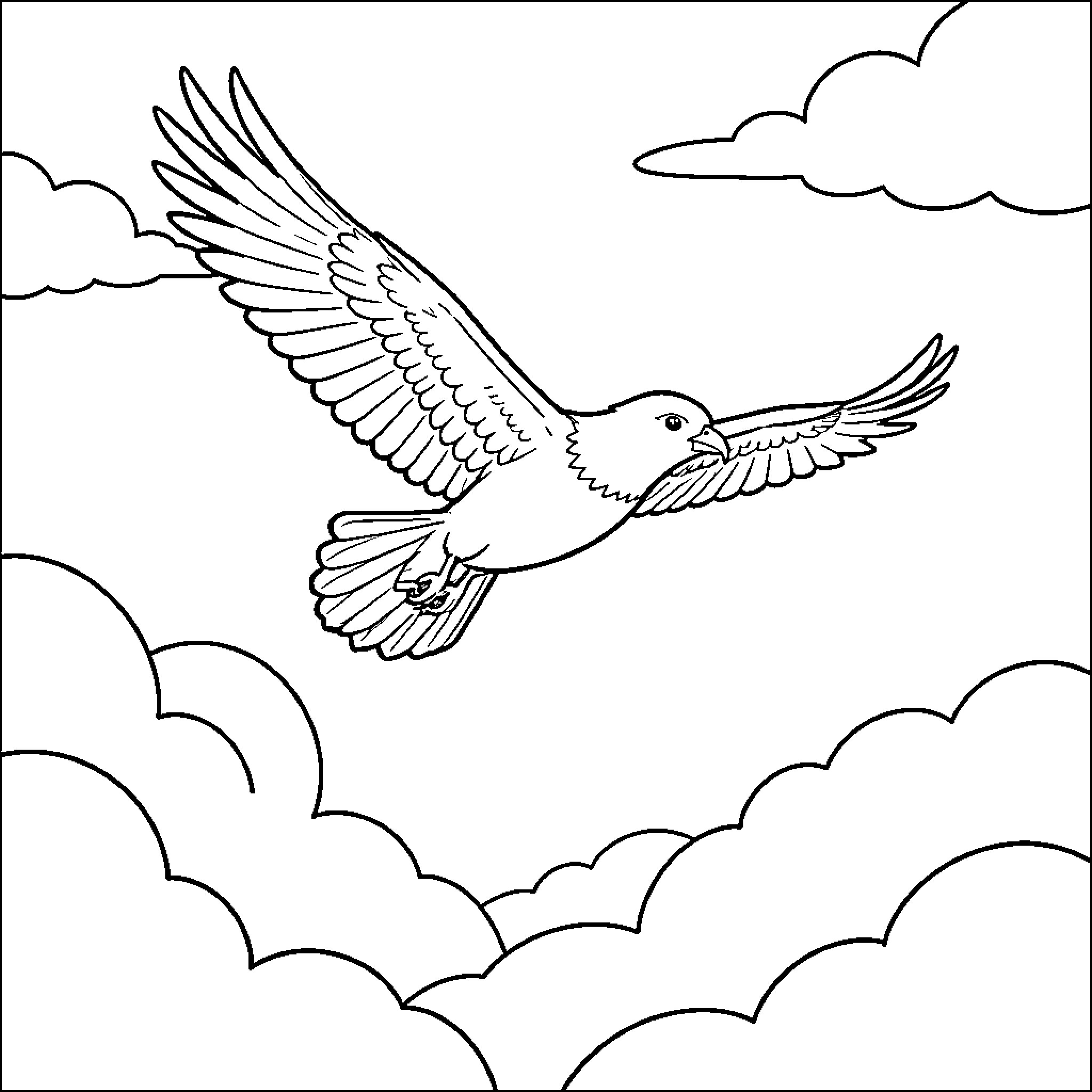 Ane eagle soaring through a cloudy sky Coloring Page (free black-and-white line drawing printable PDF for all, from beginners to advanced learners, including children, teens, adults, and seniors)