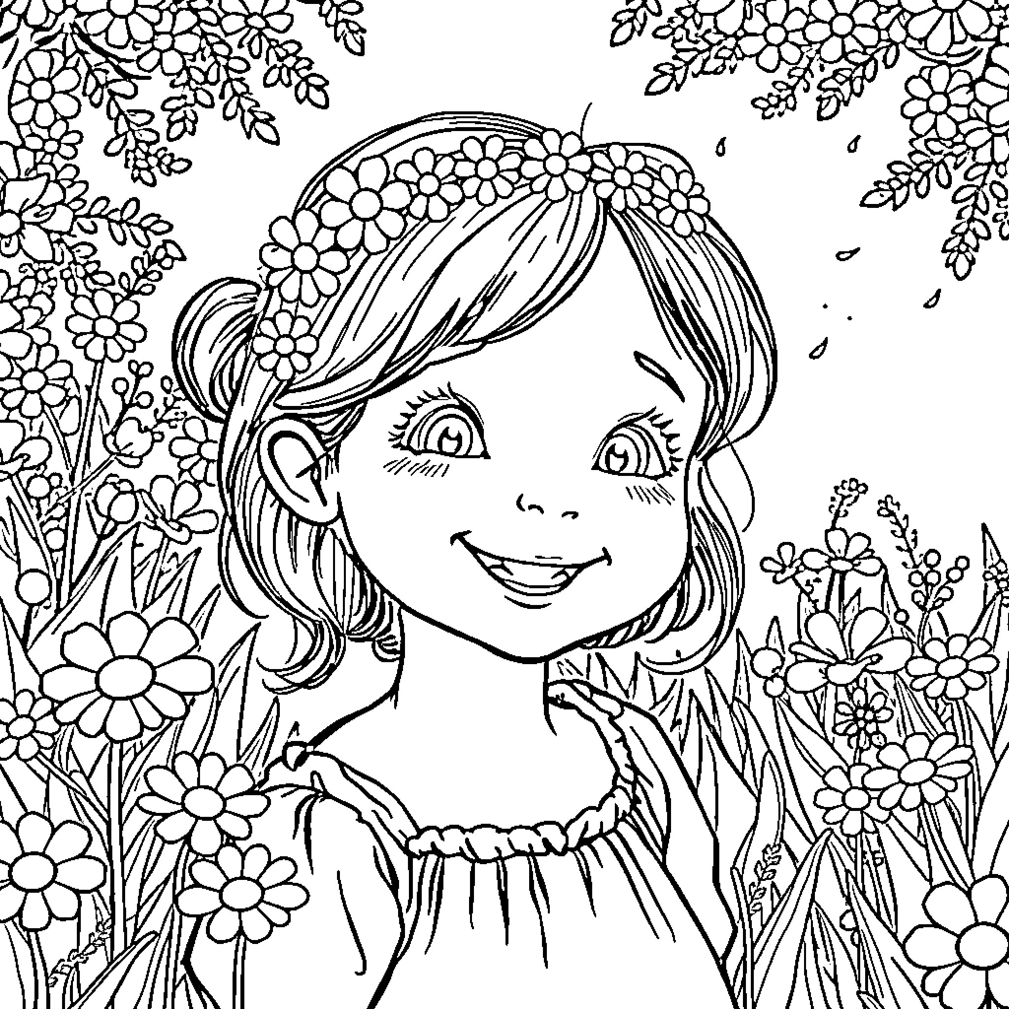 Girl surrounded by beautiful flowers Coloring Page (free black-and-white line drawing printable PDF for all, from beginners to advanced learners, including children, teens, adults, and seniors)