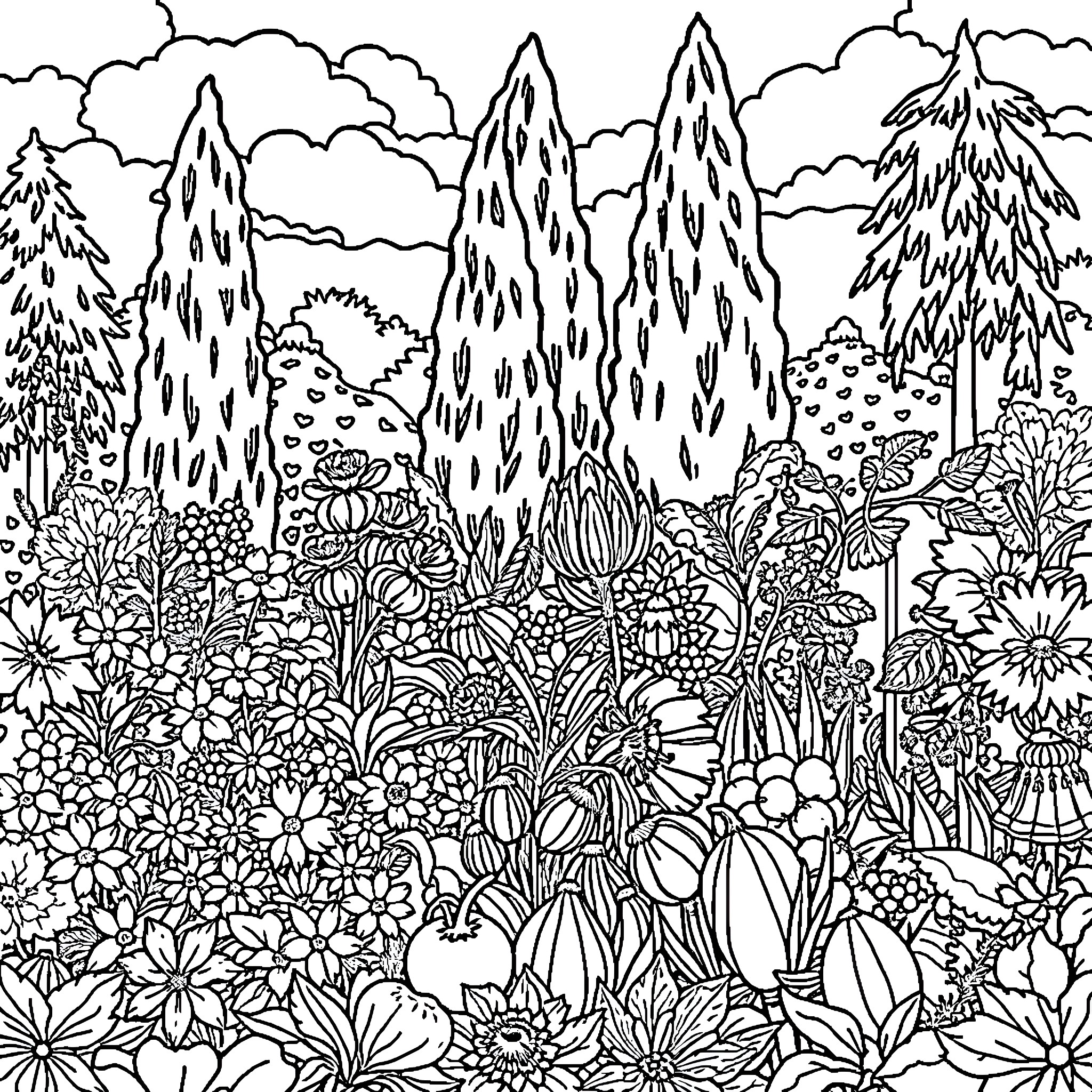 Garden full of vibrant flowers and lush foliage Coloring Page (free black-and-white line drawing printable PDF for all, from beginners to advanced learners, including children, teens, adults, and seniors)