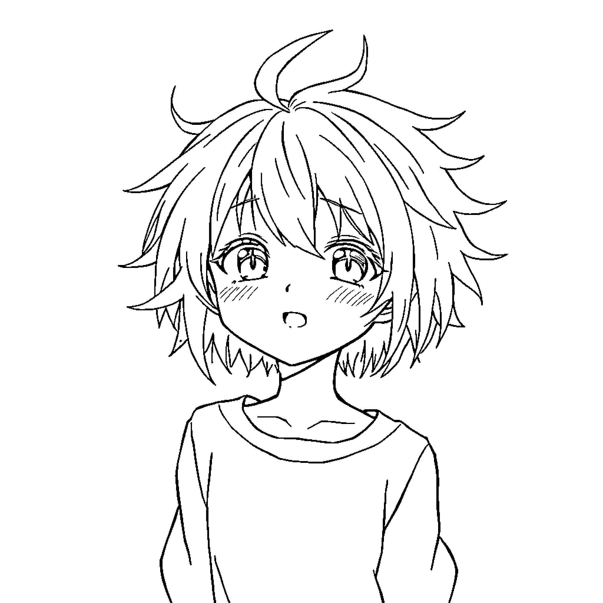 Anime Boy with Expressive Face and Messy Hair Coloring Page (free black-and-white line drawing printable PDF for all, from beginners to advanced learners, including children, teens, adults, and seniors)
