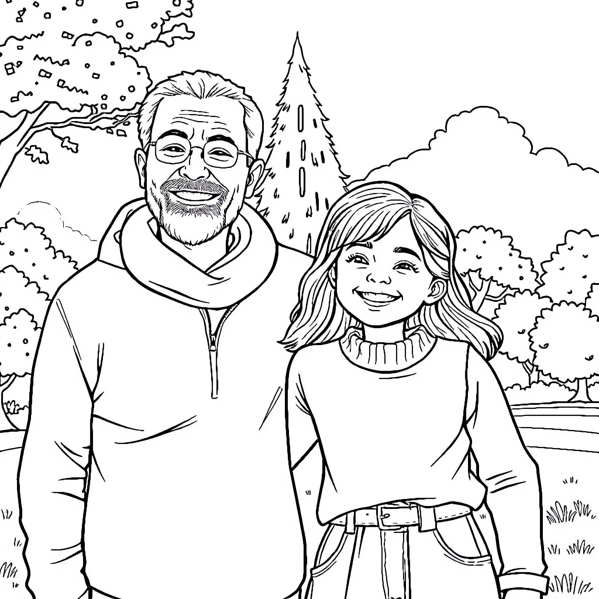 Girl and grandfather enjoying outdoor adventure Coloring Page (free black-and-white line drawing printable PDF for all, from beginners to advanced learners, including children, teens, adults, and seniors)
