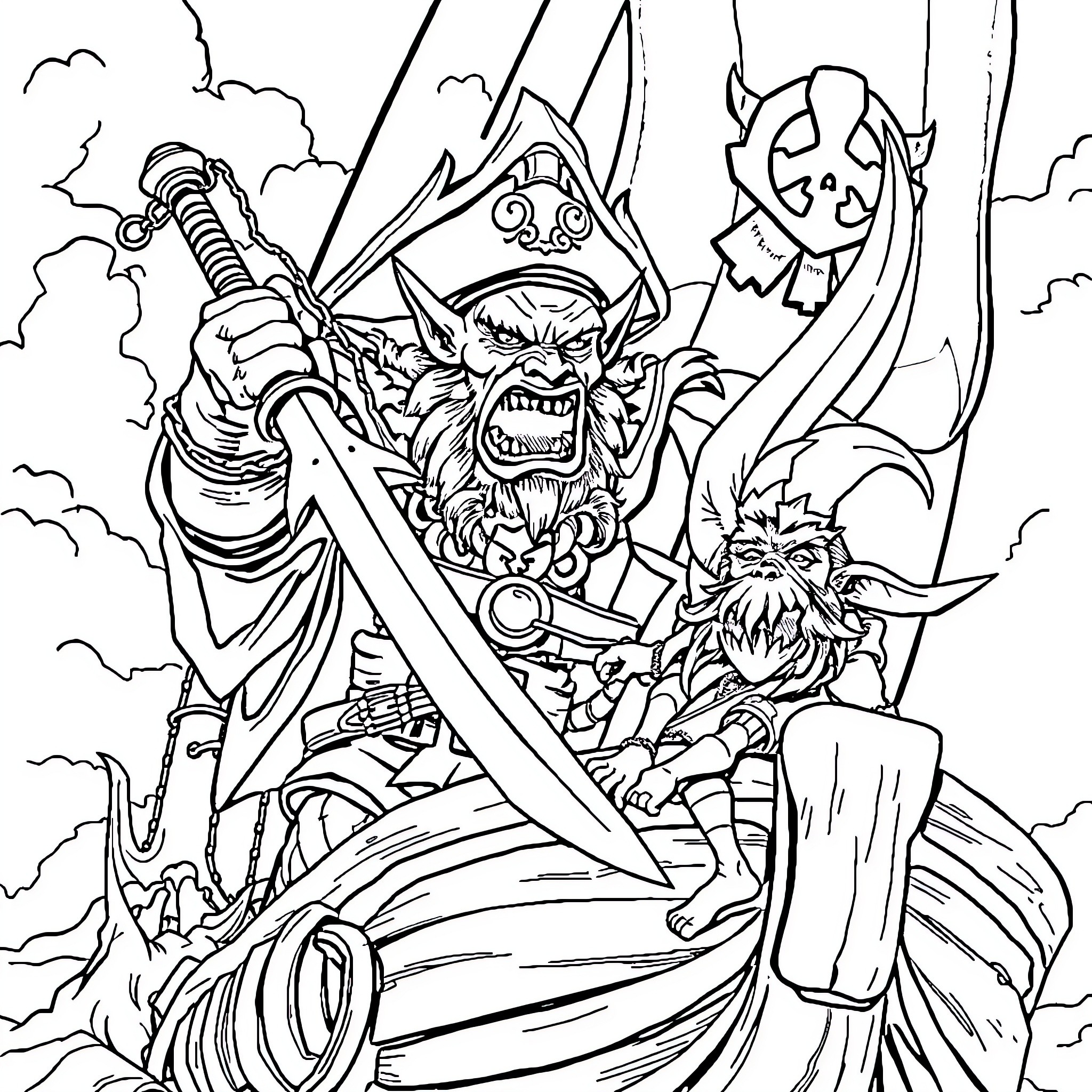 Ork Warriors in an Epic Battle Scene Coloring Page (free black-and-white line drawing printable PDF for all, from beginners to advanced learners, including children, teens, adults, and seniors)