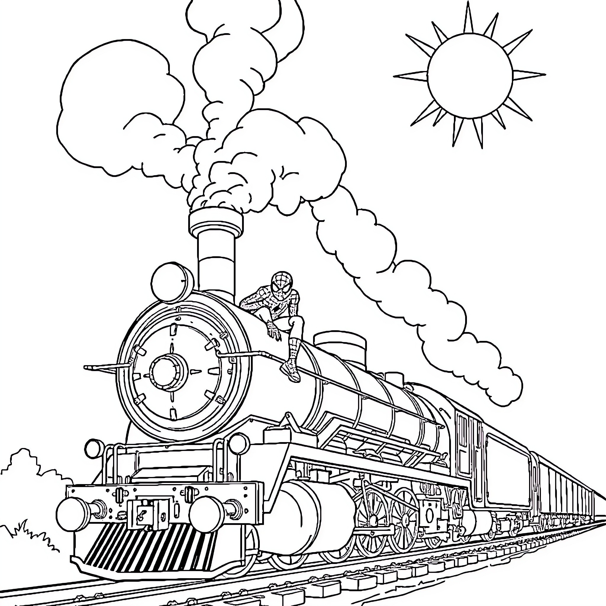 Spiderman riding a steam locomotive train through the countryside Coloring Page (free black-and-white line drawing printable PDF for all, from beginners to advanced learners, including children, teens, adults, and seniors)