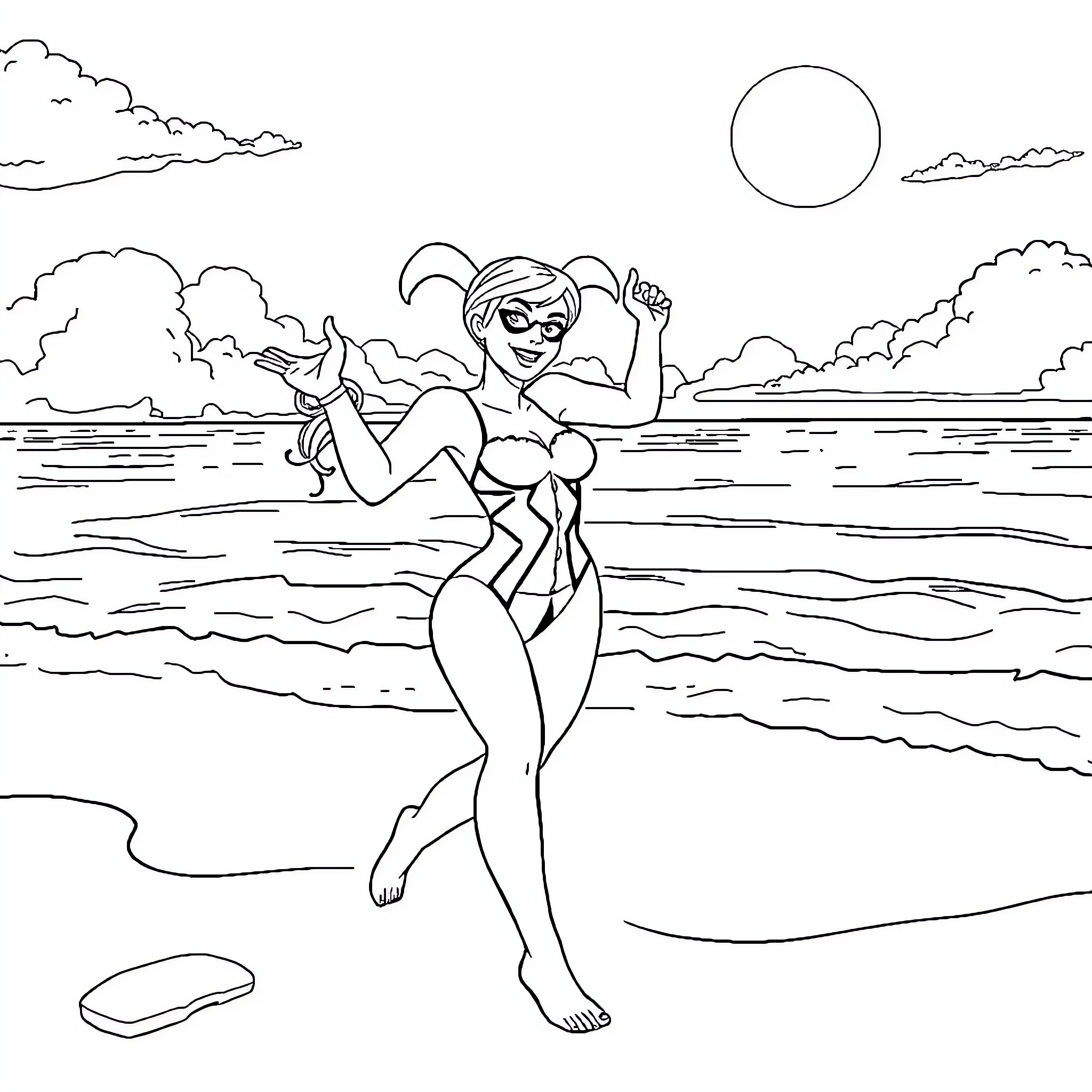 Harley Quinn enjoying the beach at sunset Coloring Page (free black-and-white line drawing printable PDF for all, from beginners to advanced learners, including children, teens, adults, and seniors)