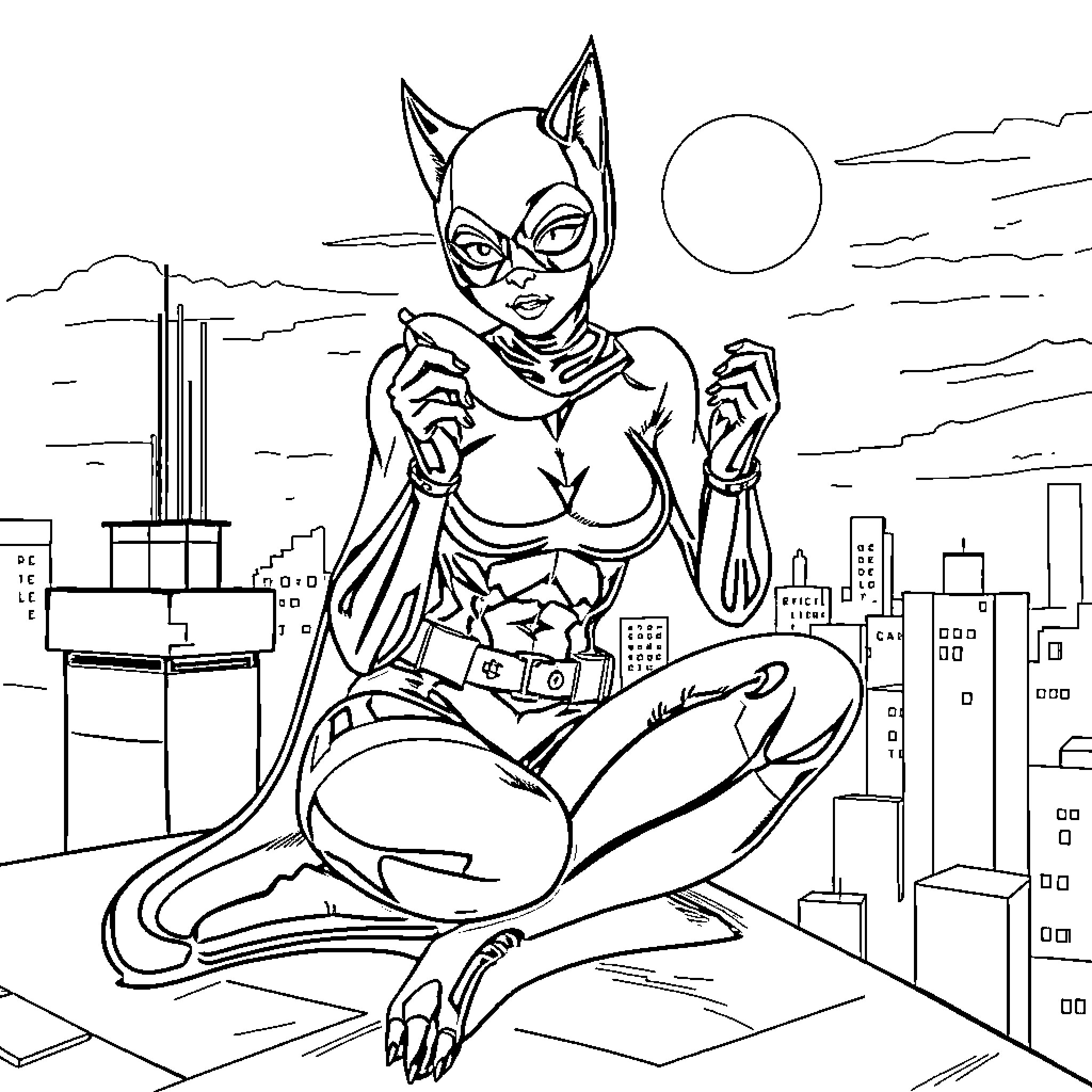 Catwoman in action pose against city skyline Coloring Page (free black-and-white line drawing printable PDF for all, from beginners to advanced learners, including children, teens, adults, and seniors)
