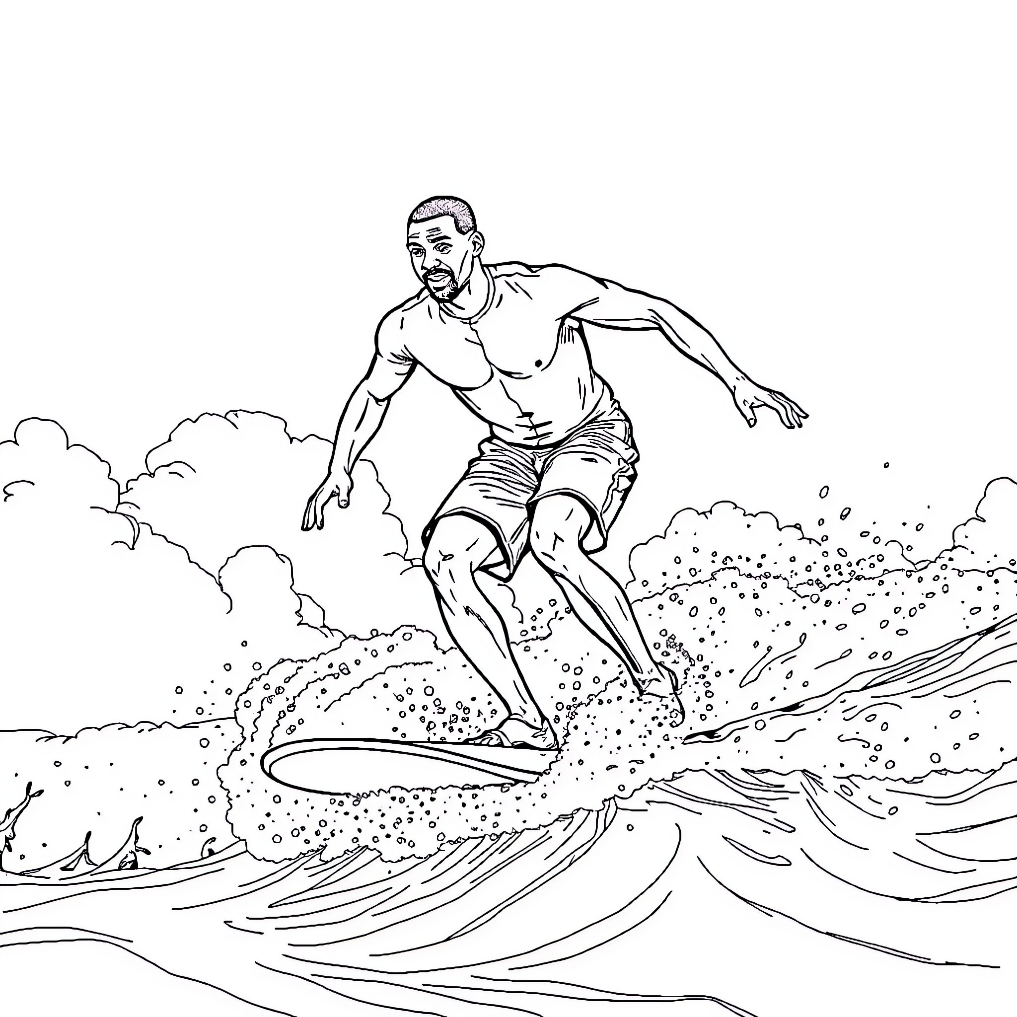 Will Smith surfing enthusiastically in the waves Coloring Page (free black-and-white line drawing printable PDF for all, from beginners to advanced learners, including children, teens, adults, and seniors)