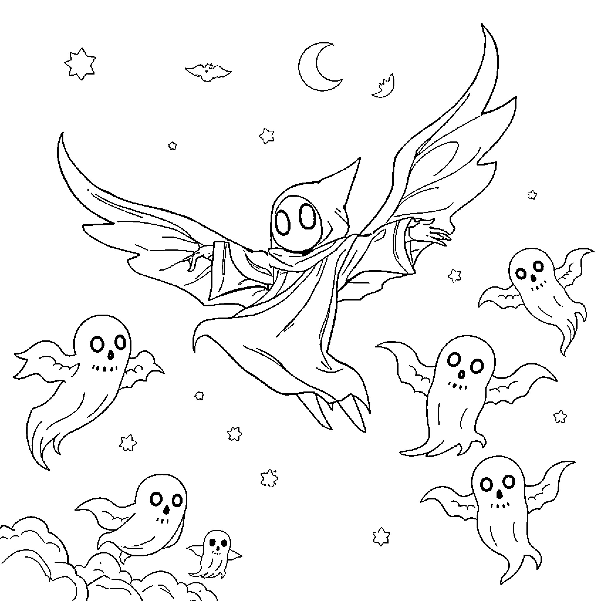 Ghostbusters - Fairy-like creatures flying in a spooky night sky Coloring Page (free black-and-white line drawing printable PDF for all, from beginners to advanced learners, including children, teens, adults, and seniors)