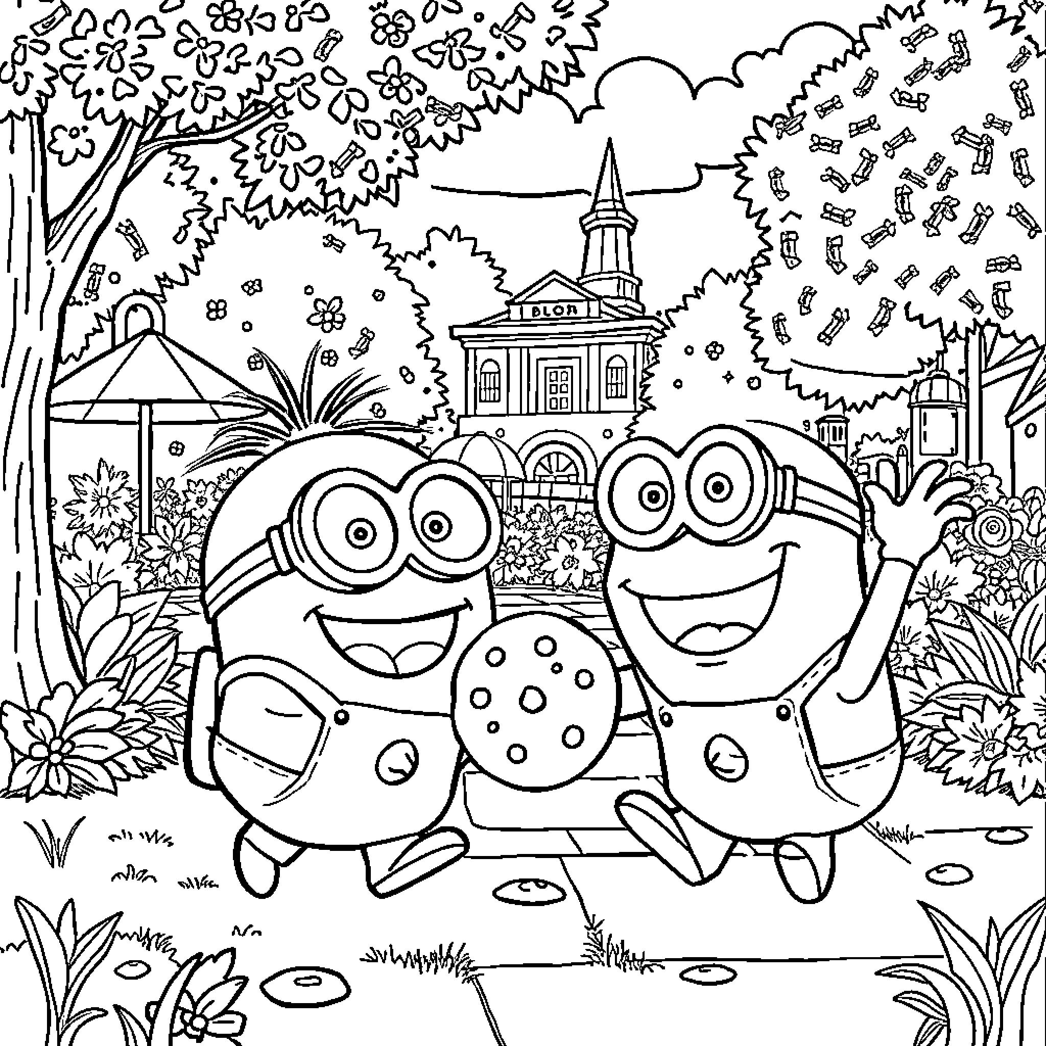 Minions enjoying a playful day in the park Coloring Page (free black-and-white line drawing printable PDF for all, from beginners to advanced learners, including children, teens, adults, and seniors)