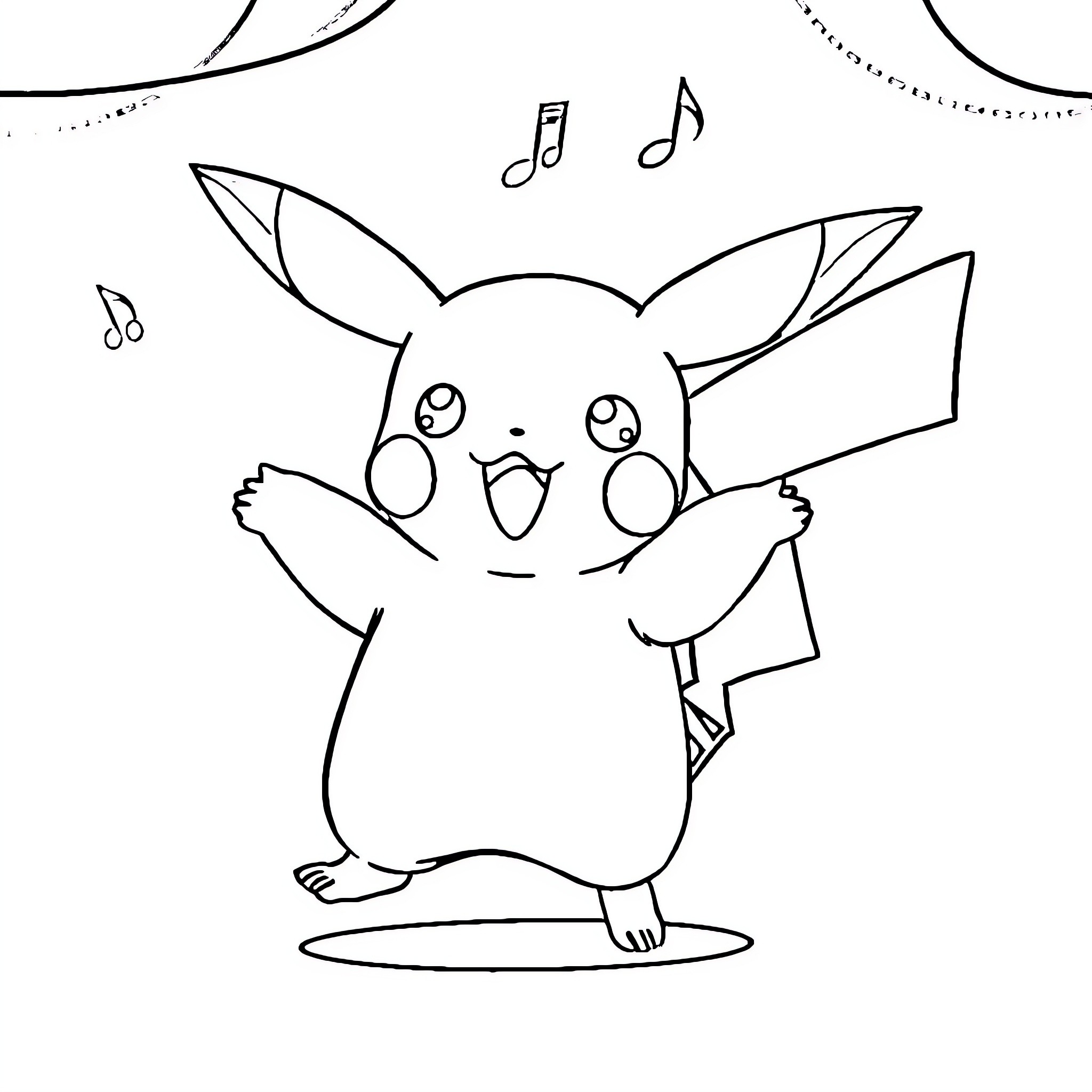 Pikachu singing and dancing with music notes Coloring Page (free black-and-white line drawing printable PDF for all, from beginners to advanced learners, including children, teens, adults, and seniors)