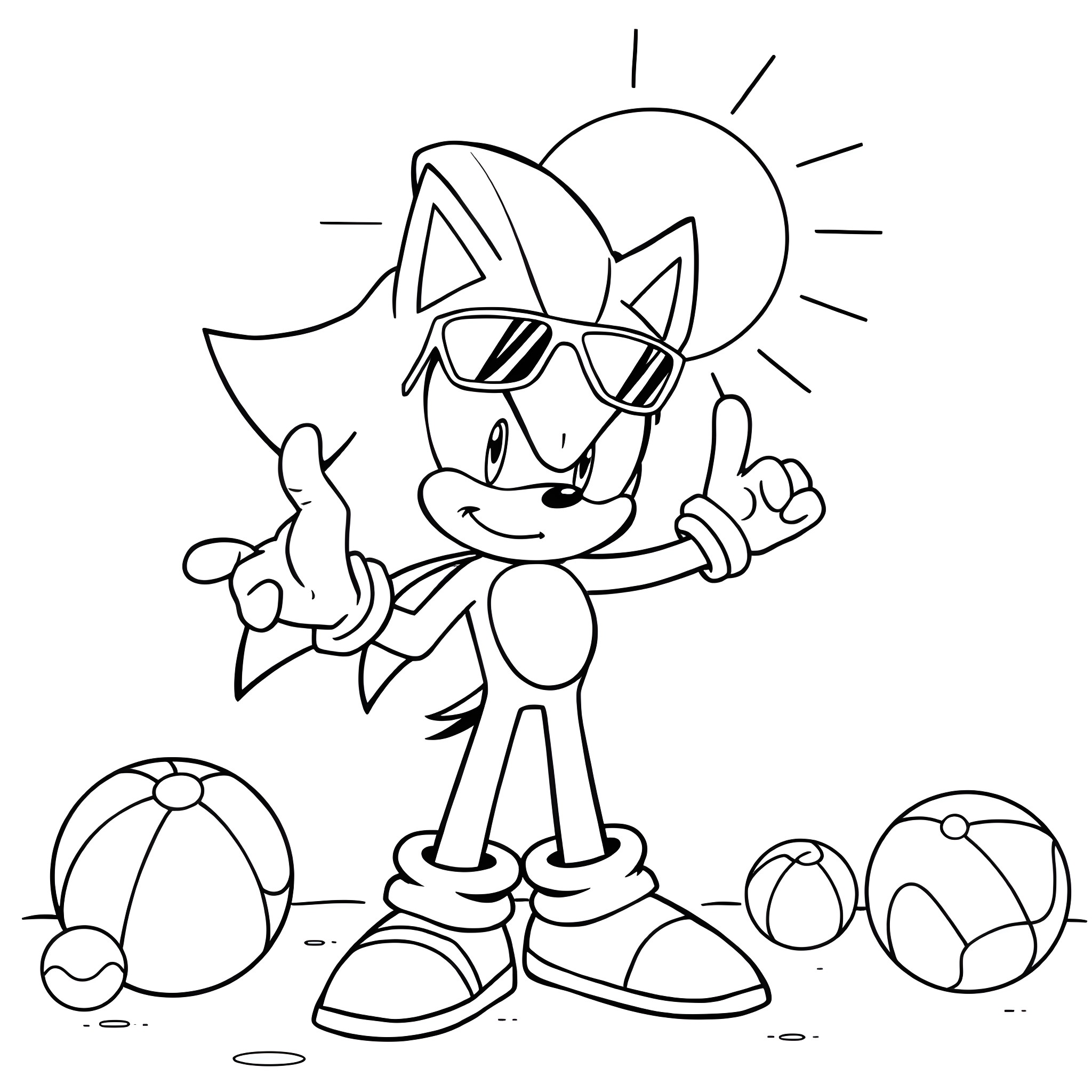 Shadow Sonic enjoying the summer day Coloring Page (free black-and-white line drawing printable PDF for all, from beginners to advanced learners, including children, teens, adults, and seniors)