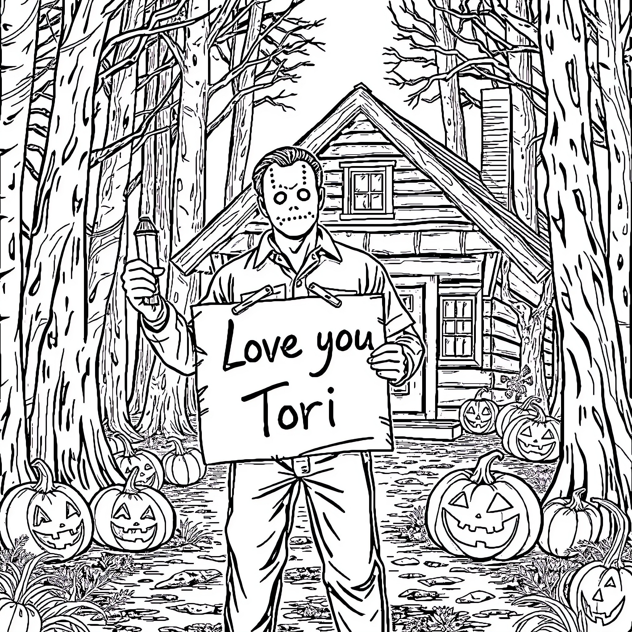 Jason's Spooky Halloween Adventure Coloring Page (free black-and-white line drawing printable PDF for all, from beginners to advanced learners, including children, teens, adults, and seniors)