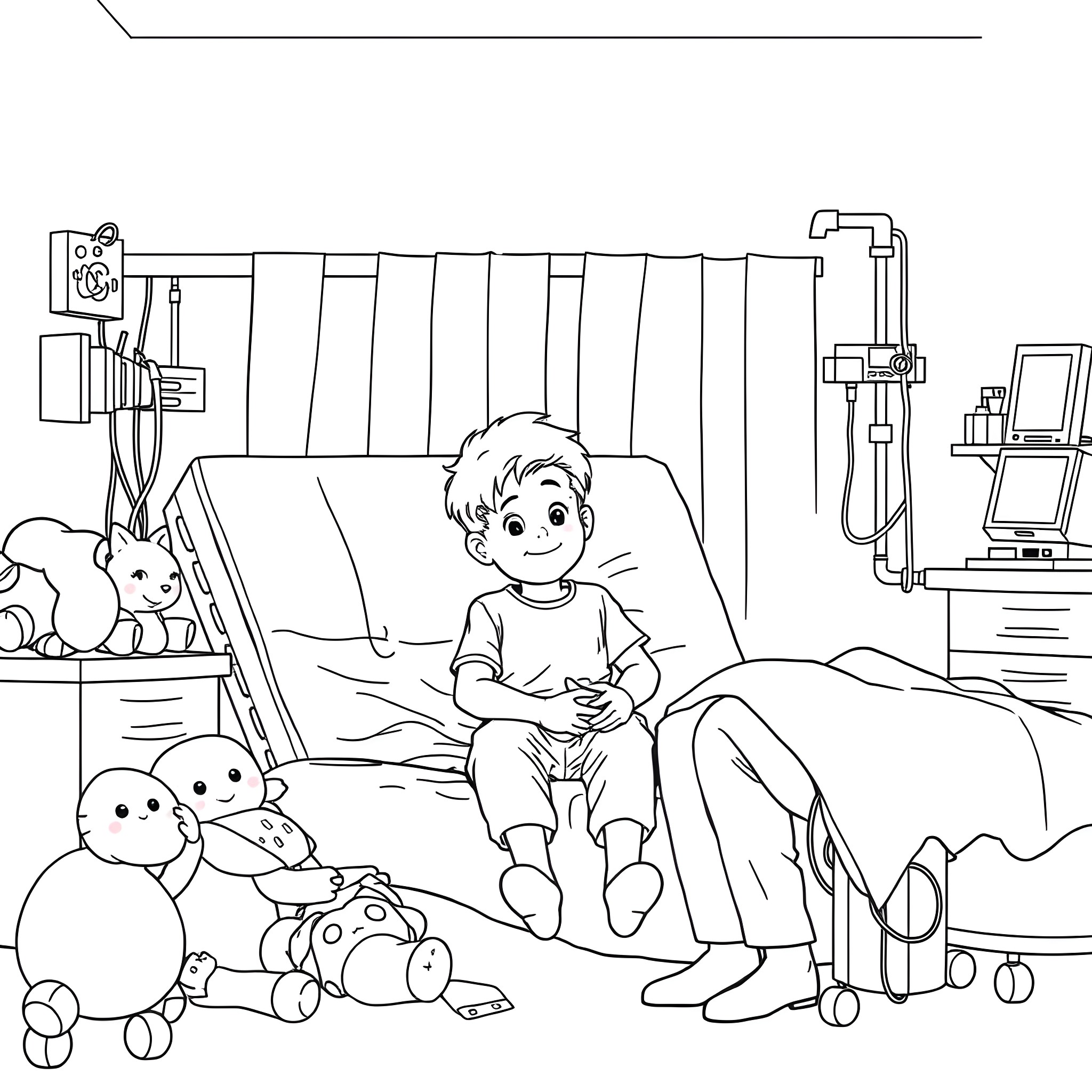 Boy Resting in Hospital Bed Surrounded by Toys Coloring Page (free black-and-white line drawing printable PDF for all, from beginners to advanced learners, including children, teens, adults, and seniors)