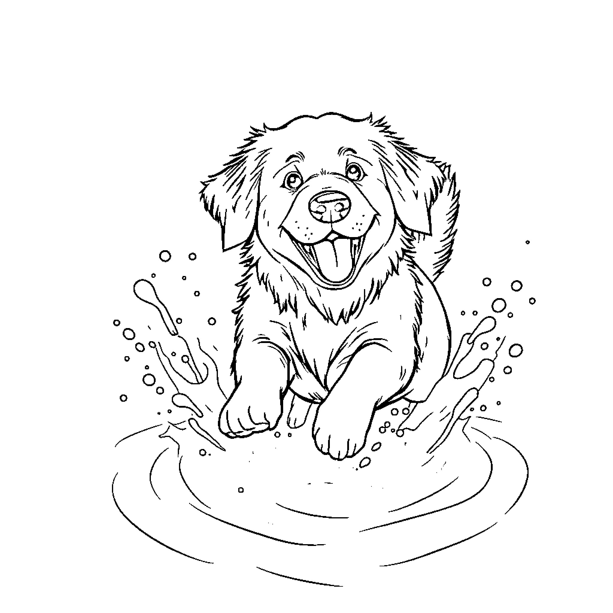 Retriever playing happily in the water Coloring Page (free black-and-white line drawing printable PDF for all, from beginners to advanced learners, including children, teens, adults, and seniors)