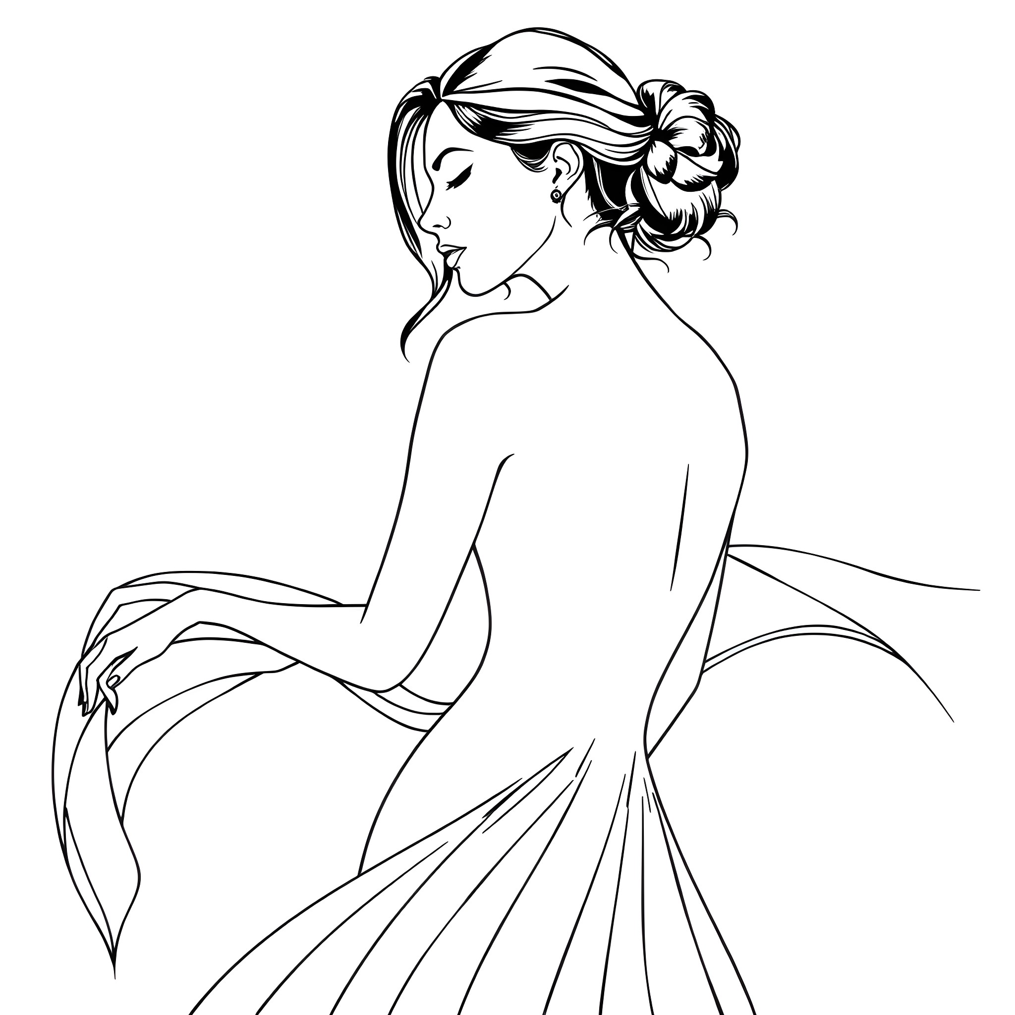 Jennifer Lawrence - Graceful pose in flowing dress Coloring Page (free black-and-white line drawing printable PDF for all, from beginners to advanced learners, including children, teens, adults, and seniors)