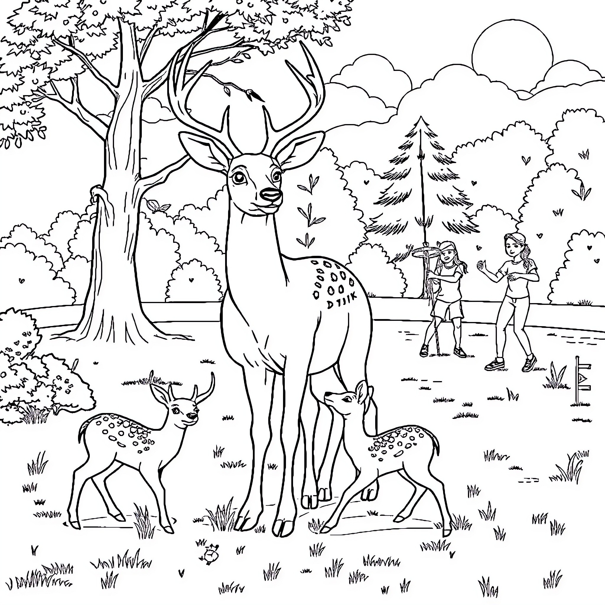 Deer in peaceful forest with people Coloring Page (free black-and-white line drawing printable PDF for all, from beginners to advanced learners, including children, teens, adults, and seniors)