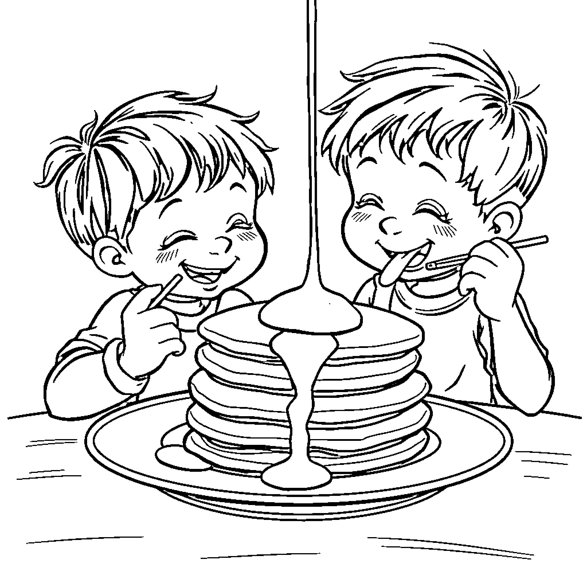 Kids enjoying pancake breakfast together Coloring Page (free black-and-white line drawing printable PDF for all, from beginners to advanced learners, including children, teens, adults, and seniors)