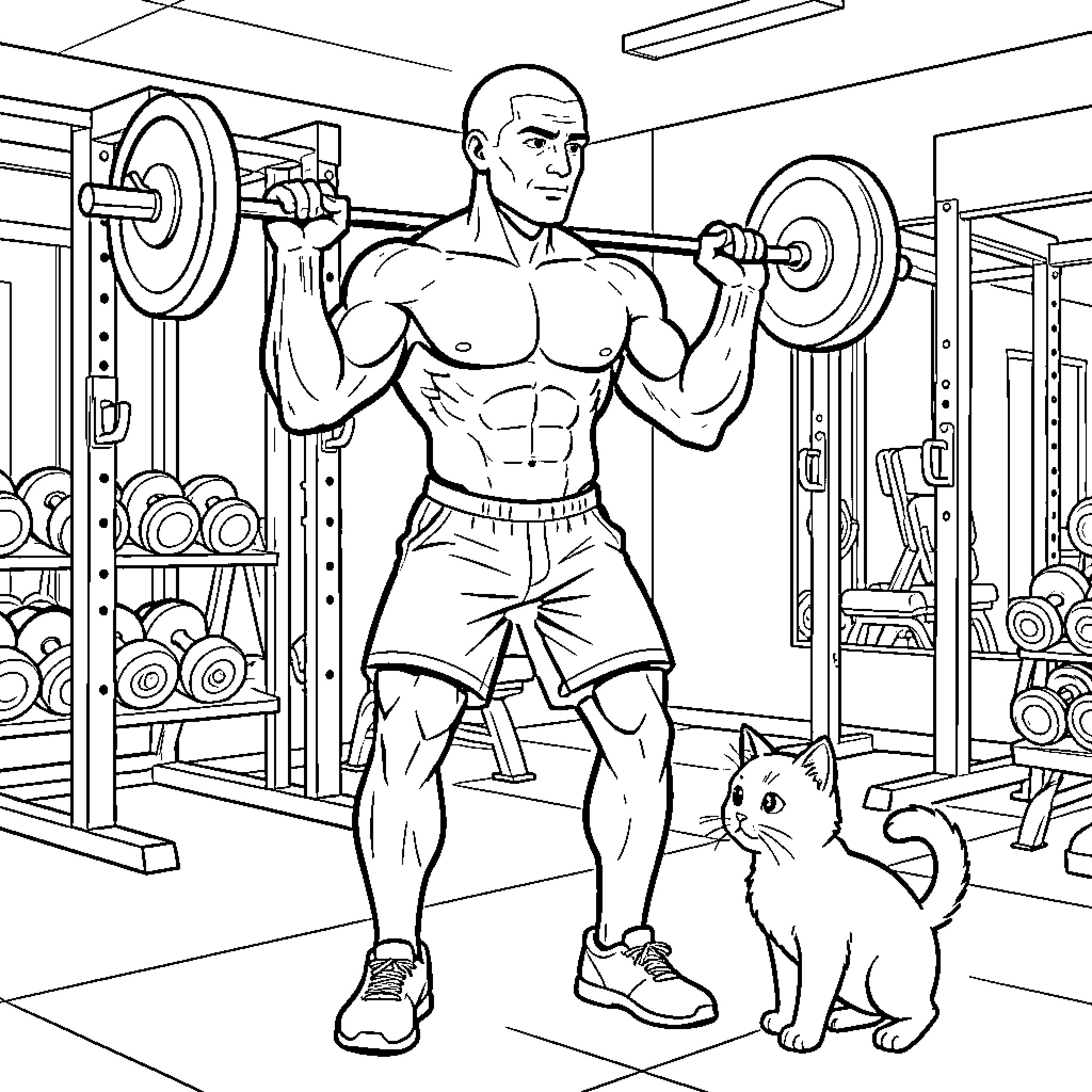 Hombre lifting weights in the gym with a cat Coloring Page (free black-and-white line drawing printable PDF for all, from beginners to advanced learners, including children, teens, adults, and seniors)