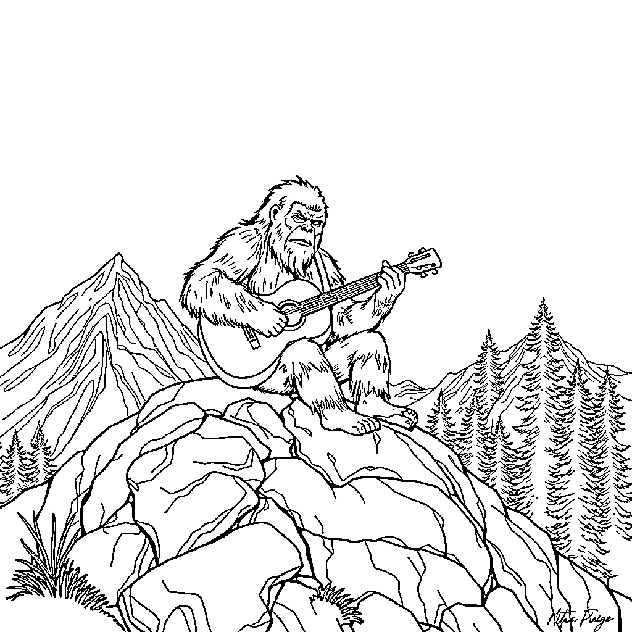 Sasquatch playing guitar in the wilderness Coloring Page (free black-and-white line drawing printable PDF for all, from beginners to advanced learners, including children, teens, adults, and seniors)